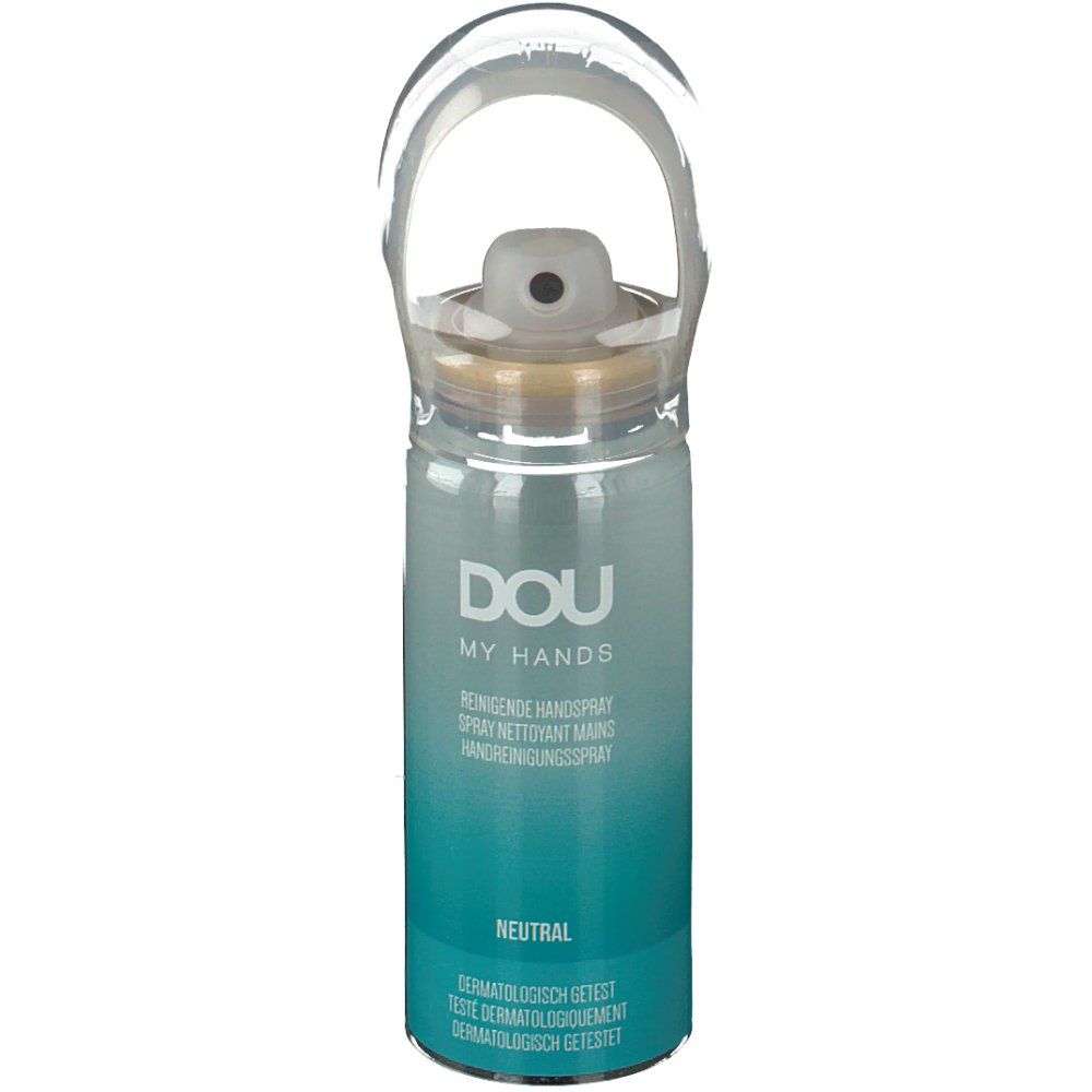 Sprühflasche mit transparentem Griff. Aufschrift: DOU MY HANDS NEUTRAL. Farbverlauf von Türkis zu transparent. Dermatologisch getestet.