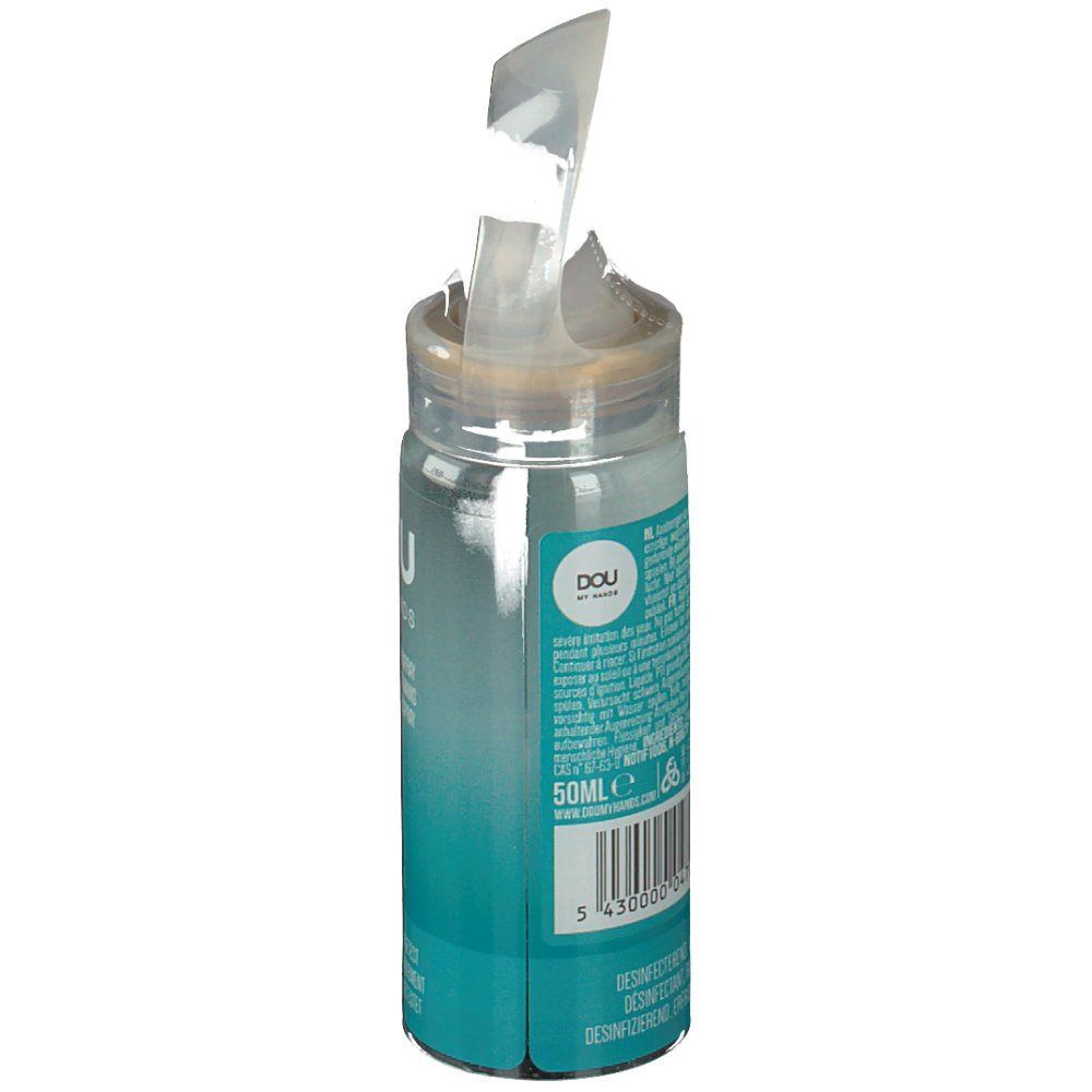 Sprühflasche mit teilweise geöffneter Verpackung. Aufschrift: DOU MY HANDS. Etikett mit Informationen und Barcode. Inhalt: 50ml.