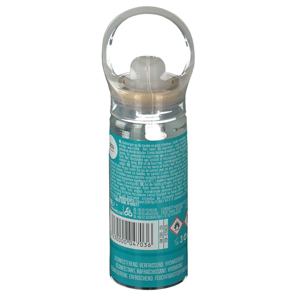Sprühflasche mit transparentem Griff. Aufschrift: DOU MY HANDS. Etikett mit Informationen und Barcode. Enthält 50ml.