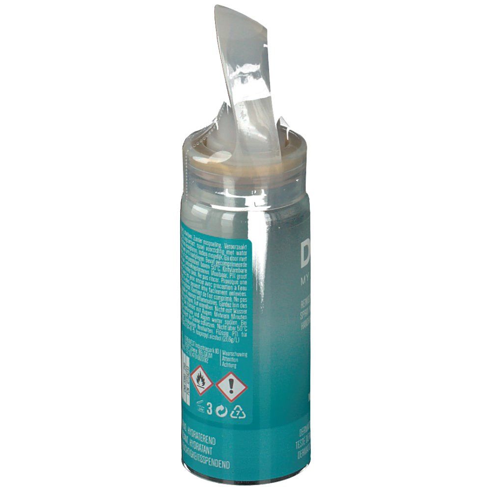 Sprühflasche mit teilweise geöffneter Verpackung. Aufschrift: DOU MY HANDS. Etikett mit Informationen und Gefahrensymbolen. Enthält 50ml.