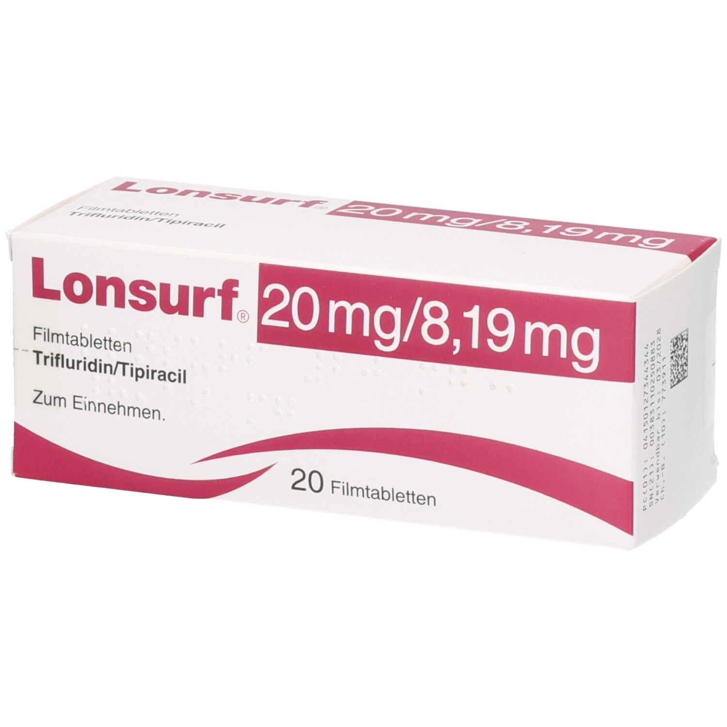 Lonsurf 20 mg/8,19 mg Filmtabletten Verpackung mit 20 Tabletten.