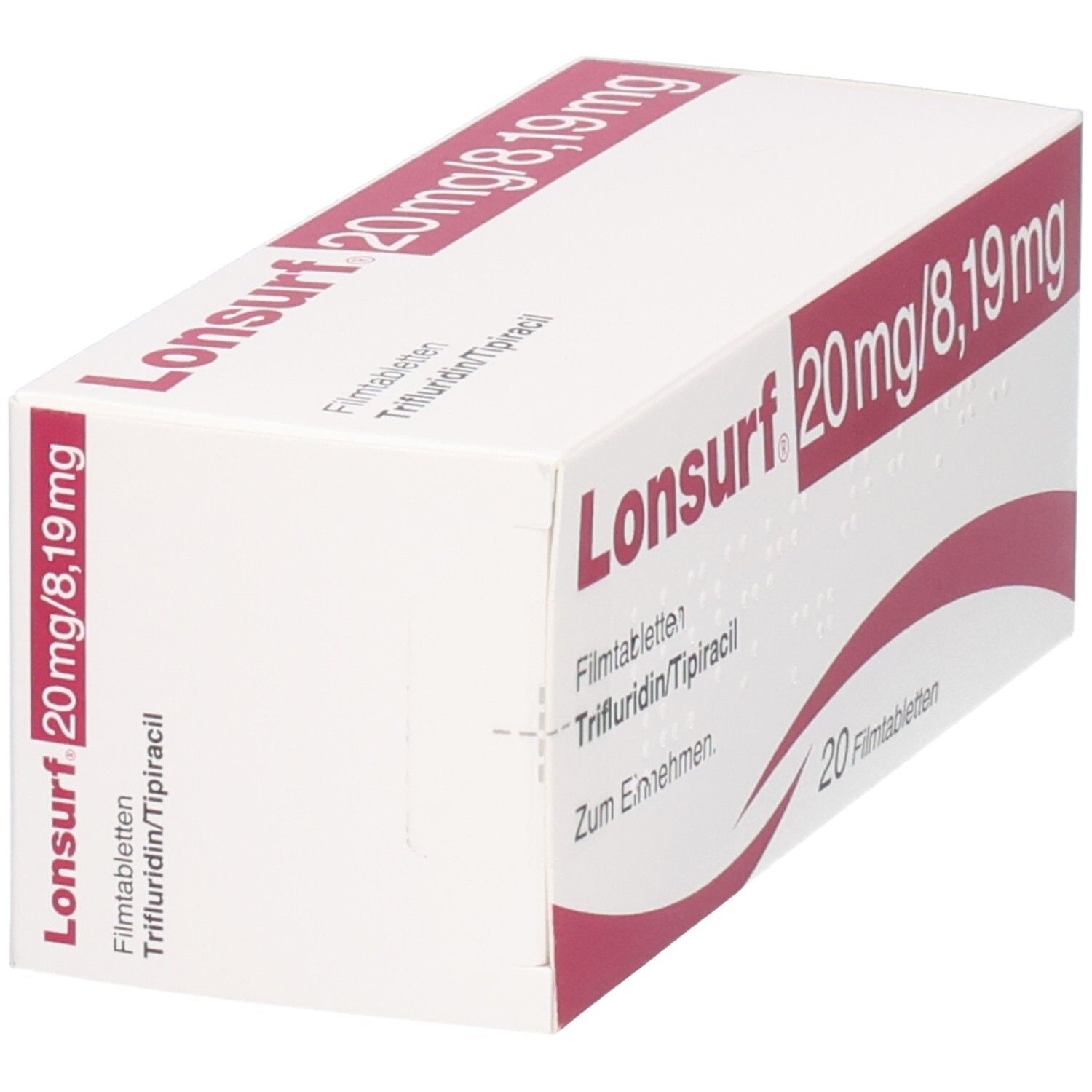 Lonsurf 20 mg/8,19 mg Filmtabletten Verpackung, Seitenansicht.