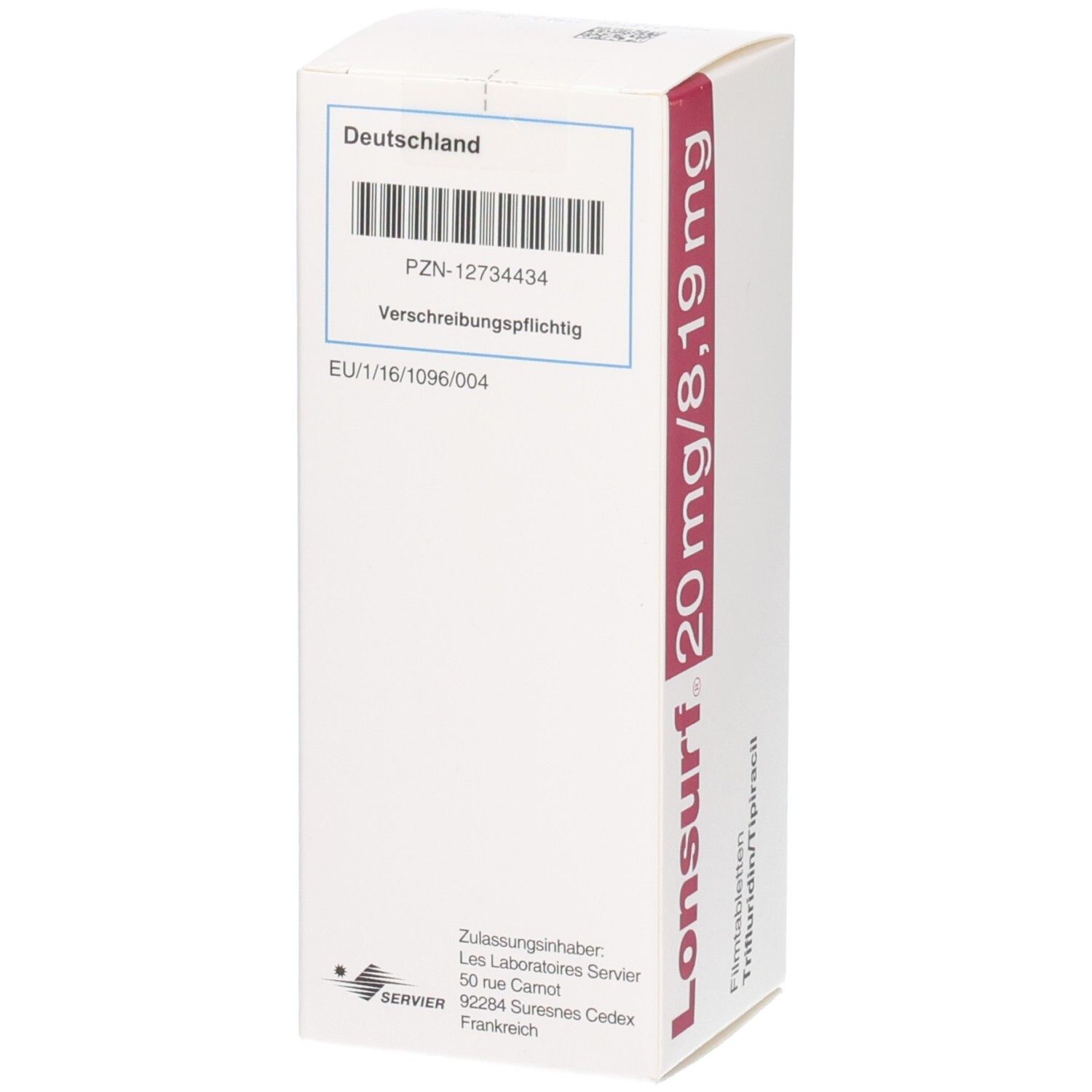 Lonsurf 20 mg/8,19 mg Filmtabletten Verpackung, Rückseite mit PZN und Zulassungsinformationen.
