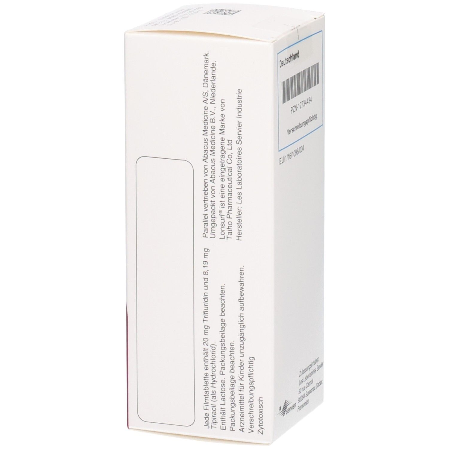 Lonsurf 20 mg/8,19 mg Filmtabletten Verpackung, Seitenansicht mit detaillierten Informationen.