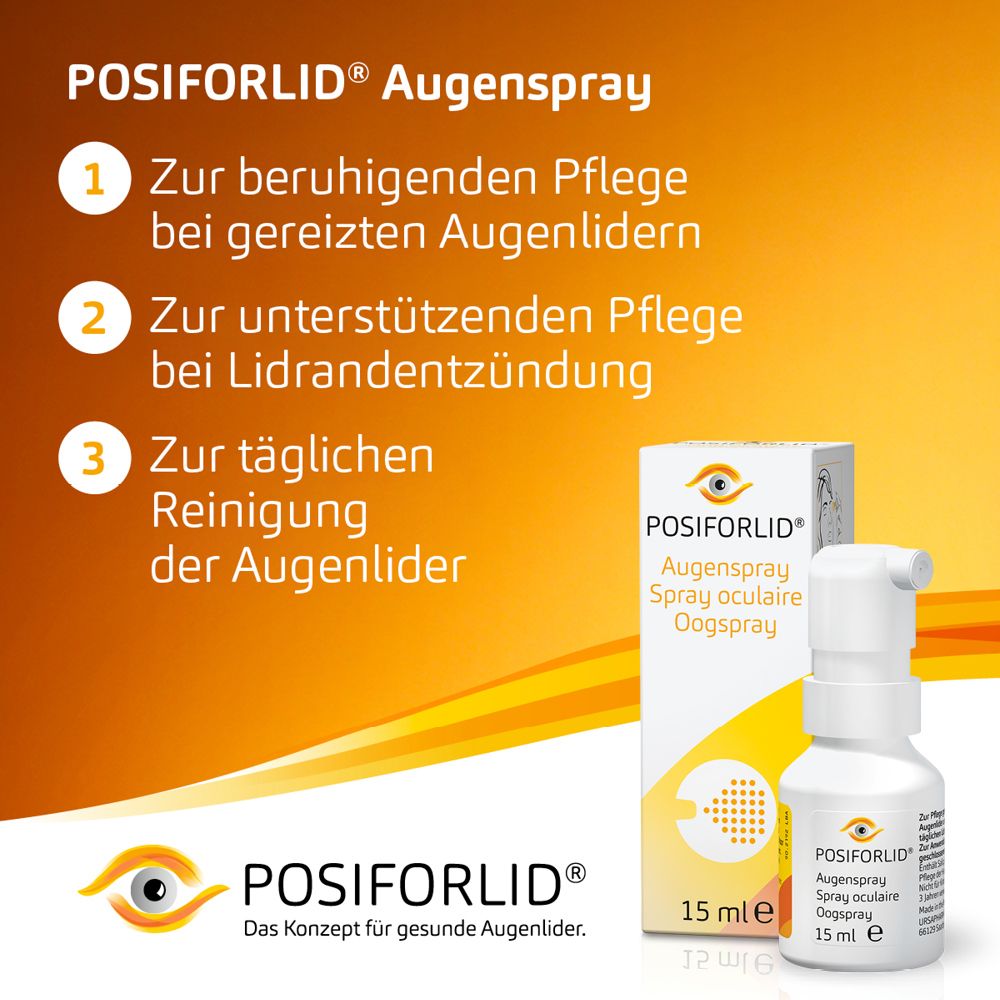 POSIFORLID® Augenspray. Text: 3 Anwendungsmöglichkeiten. Flasche und Verpackung.