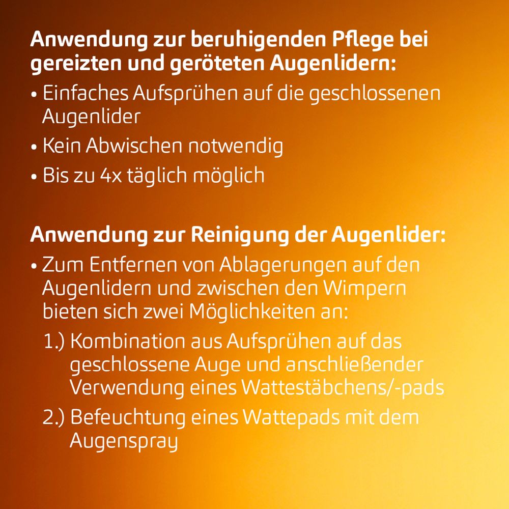 Anwendungshinweise für POSIFORLID® Augenspray. Text auf orangefarbenem Hintergrund.