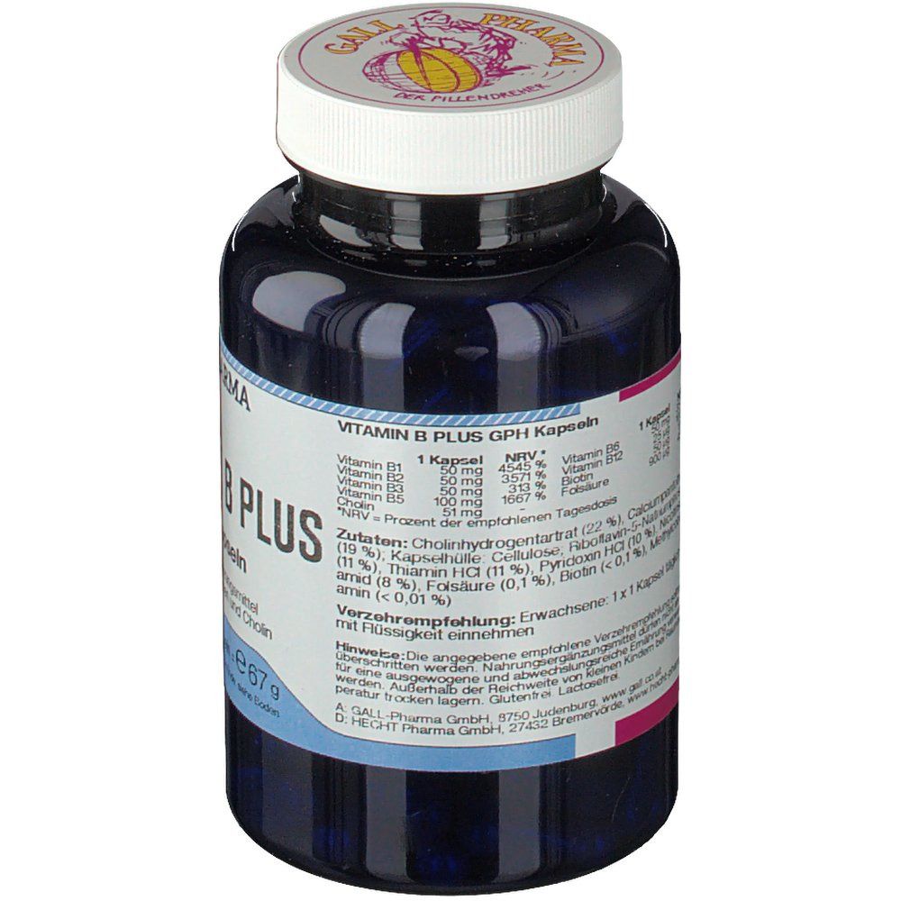 Dunkelblaue Flasche mit weißem Deckel. Aufkleber mit Text und Nährwertangaben. Marke: Gall Pharma.