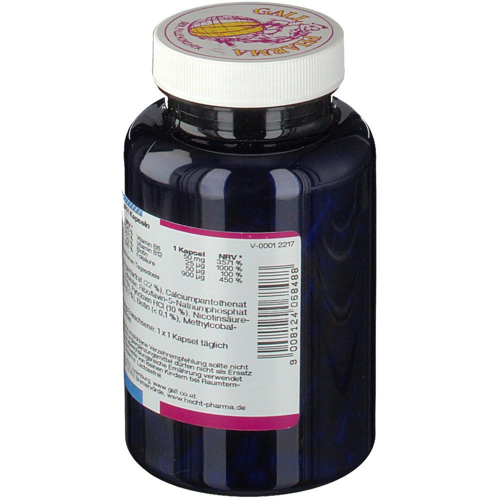 Dunkelblaue Flasche mit weißem Deckel. Aufkleber mit Text und Nährwertangaben. Marke: Gall Pharma.