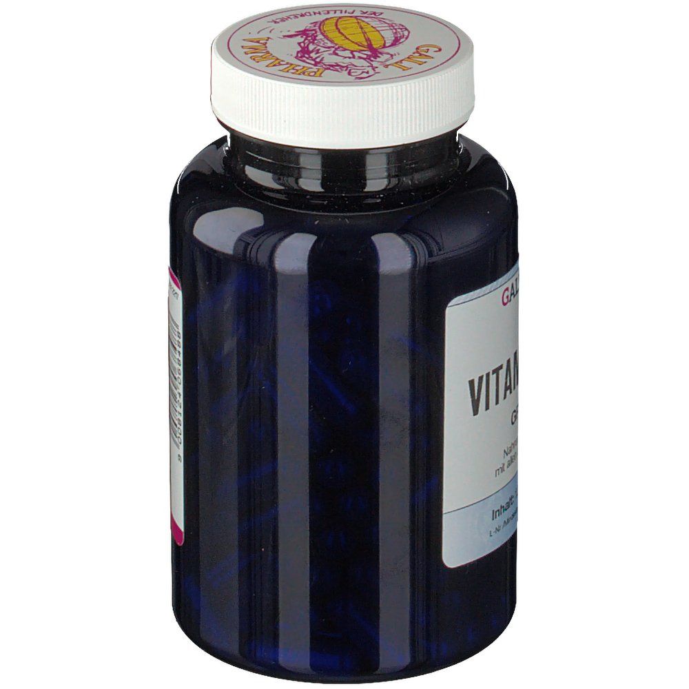 Dunkelblaue Flasche mit weißem Deckel. Aufkleber mit Text. Marke: Gall Pharma.
