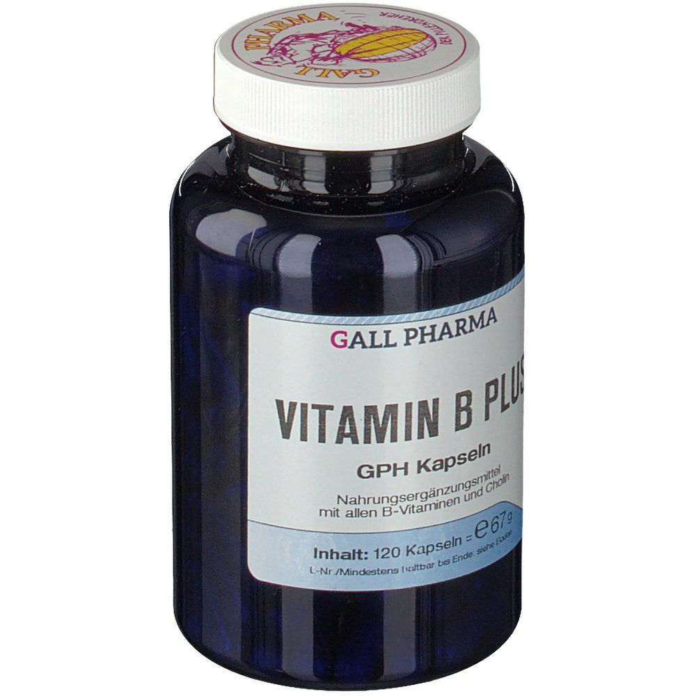 Dunkelblaue Flasche mit weißem Deckel. Aufkleber mit Text: Vitamin B Plus, GPH Kapseln. Marke: Gall Pharma.