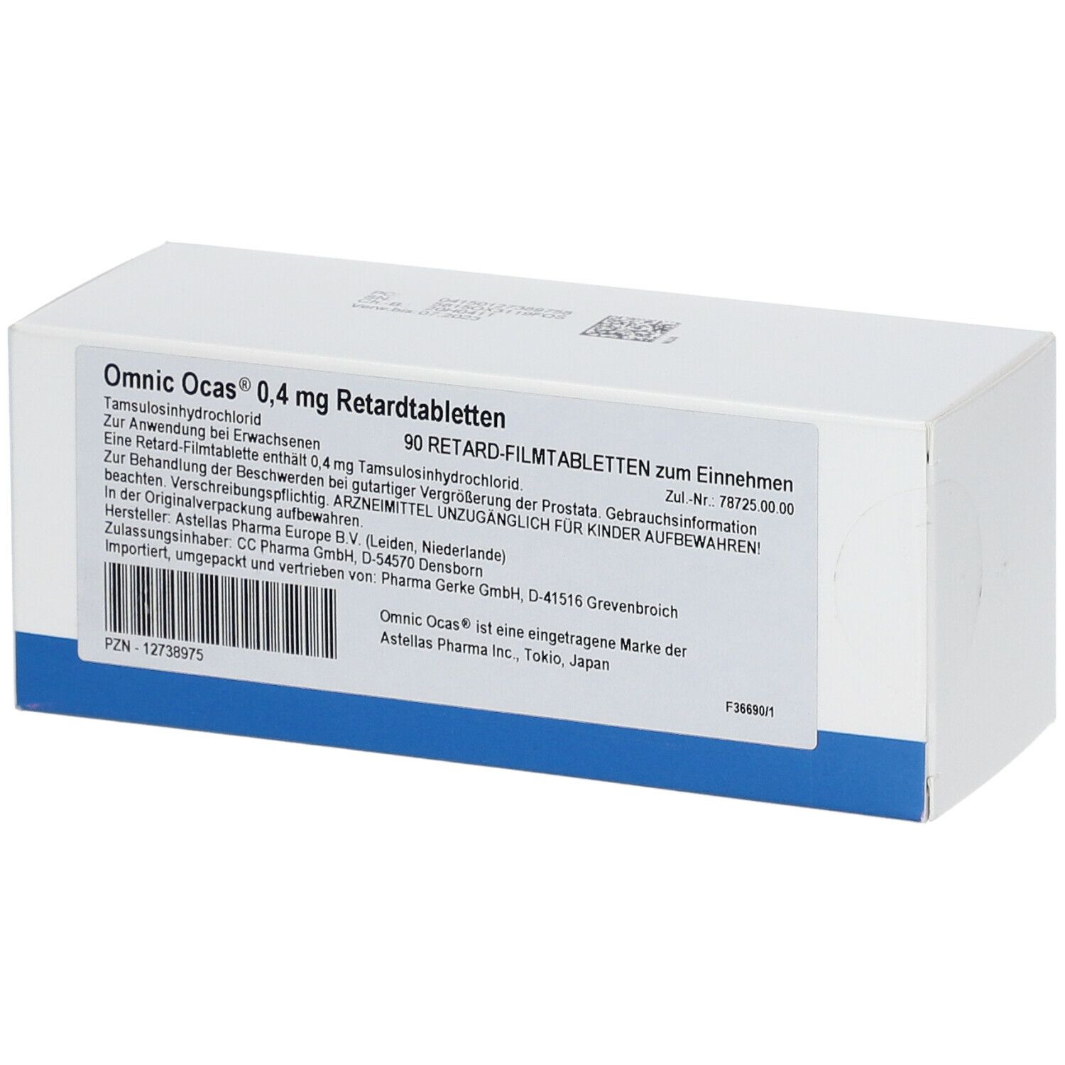 Weiße rechteckige Faltschachtel mit blauer Unterseite. Aufdruck: Omnic Ocas 0,4 mg Retardtabletten, 90 Retard-Filmtabletten. PZN-Nummer.