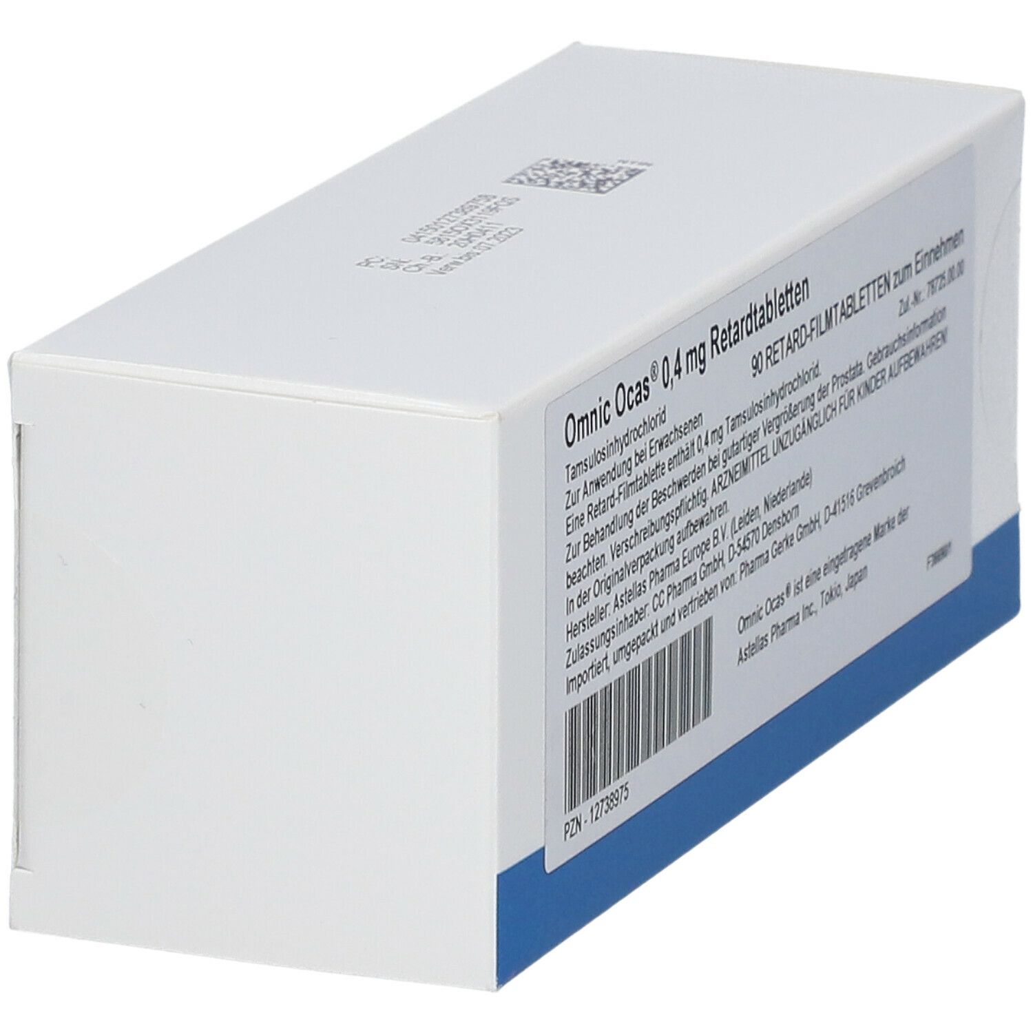 Weiße rechteckige Faltschachtel, schräg von der Seite gesehen. Blaue Unterseite. Aufdruck: Omnic Ocas 0,4 mg Retardtabletten. PZN-Nummer und Barcode.