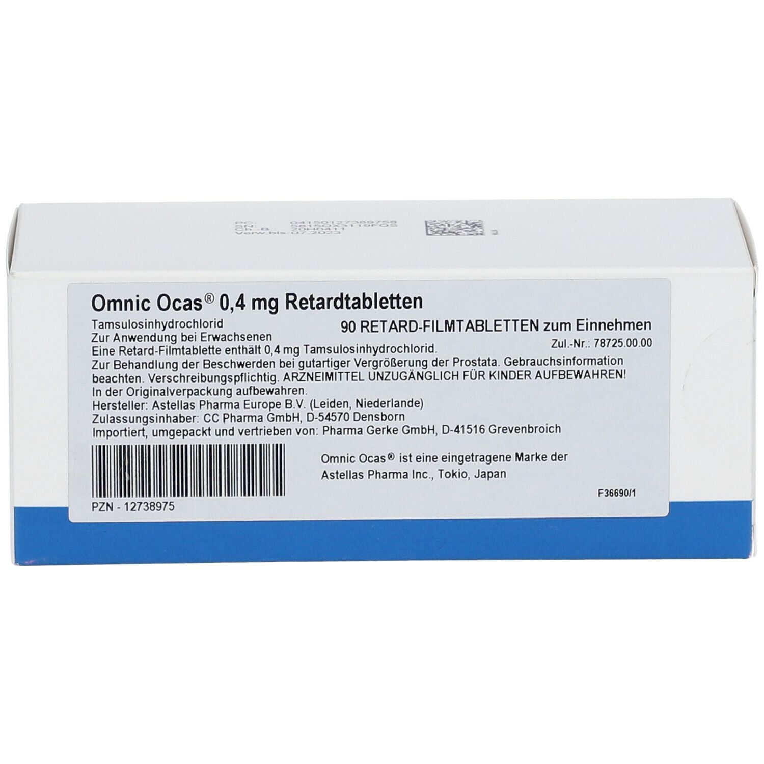 Weiße rechteckige Faltschachtel mit blauer Unterseite. Aufdruck: Omnic Ocas 0,4 mg Retardtabletten, 90 Retard-Filmtabletten. PZN-Nummer und Barcode.