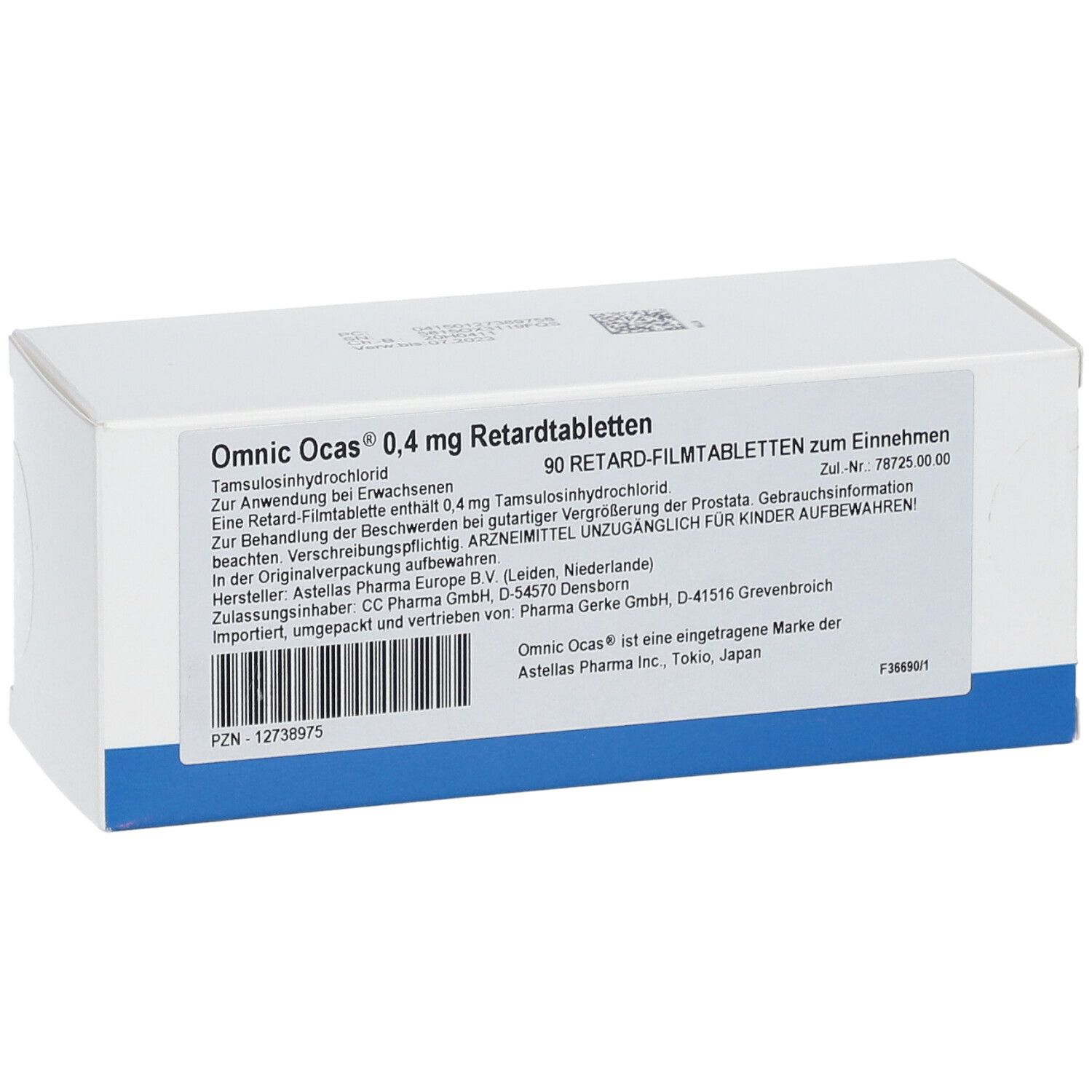 Weiße rechteckige Faltschachtel mit blauer Unterseite. Aufdruck: Omnic Ocas 0,4 mg Retardtabletten, 90 Retard-Filmtabletten. PZN-Nummer und Barcode.
