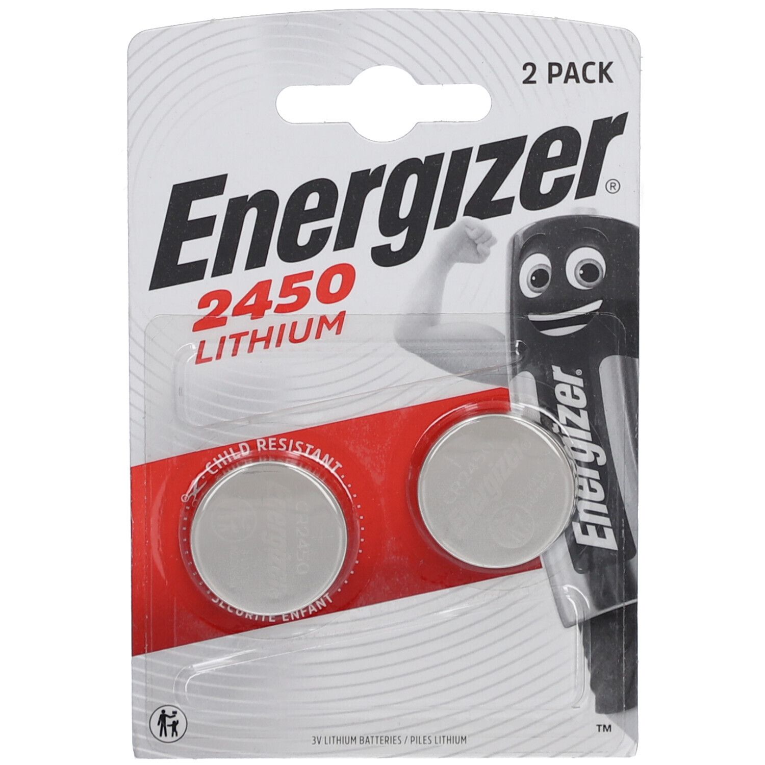 Zwei CR2450 Lithium-Knopfzellen in Blisterverpackung. "Energizer" und "2450 Lithium" sind sichtbar.