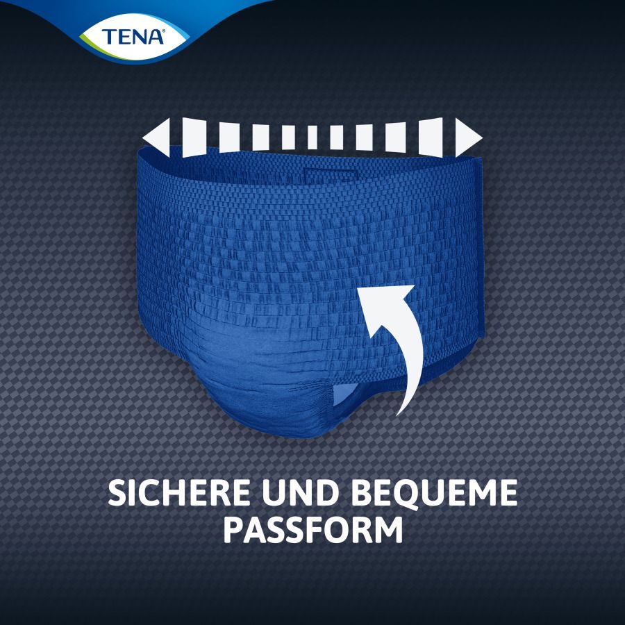 Sichere und bequeme Passform. Blaue Pants mit Pfeil, der die Form zeigt.