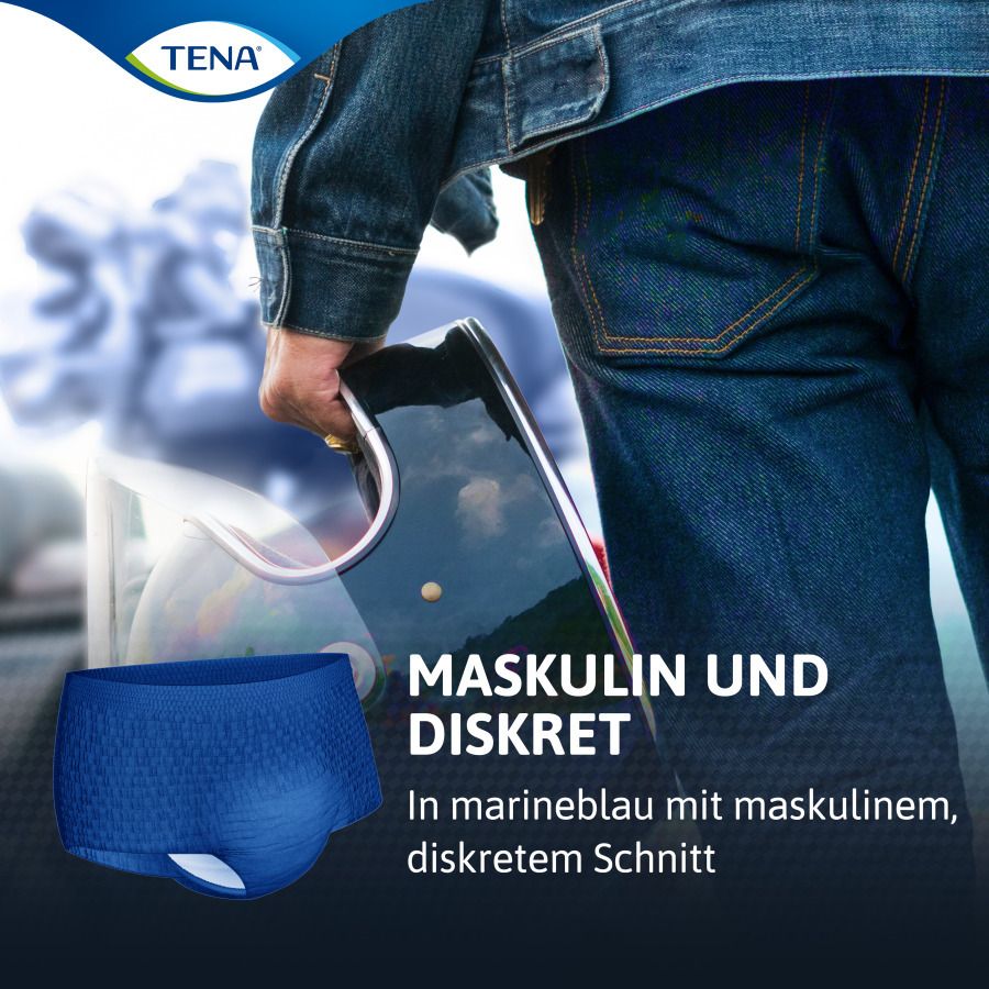 Blaue Pants. Text: Maskulin und diskret. Marineblau mit maskulinem, diskretem Schnitt. TENA Logo.