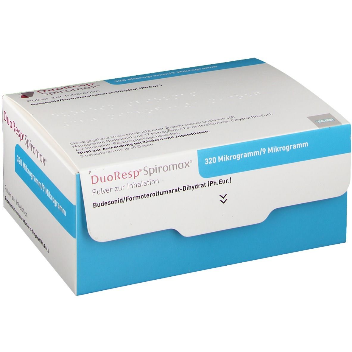 Karton DuoResp Spiromax, 320 Mikrogramm/9 Mikrogramm. Blaue und weiße Verpackung. Produktname und Dosierung deutlich sichtbar.