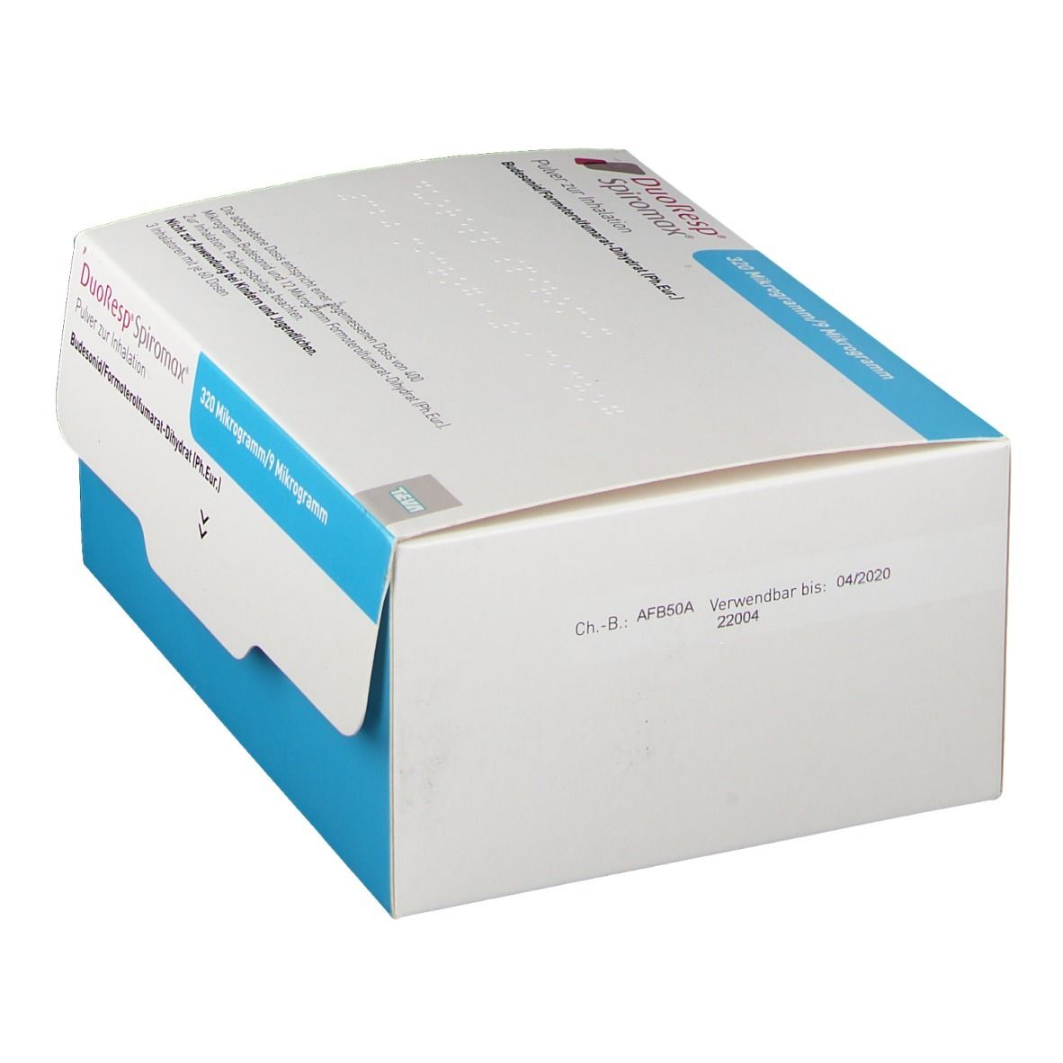 Karton DuoResp Spiromax. Weiße Verpackung mit blauer Basis. Dosierung und Verfallsdatum auf der Seite angegeben.