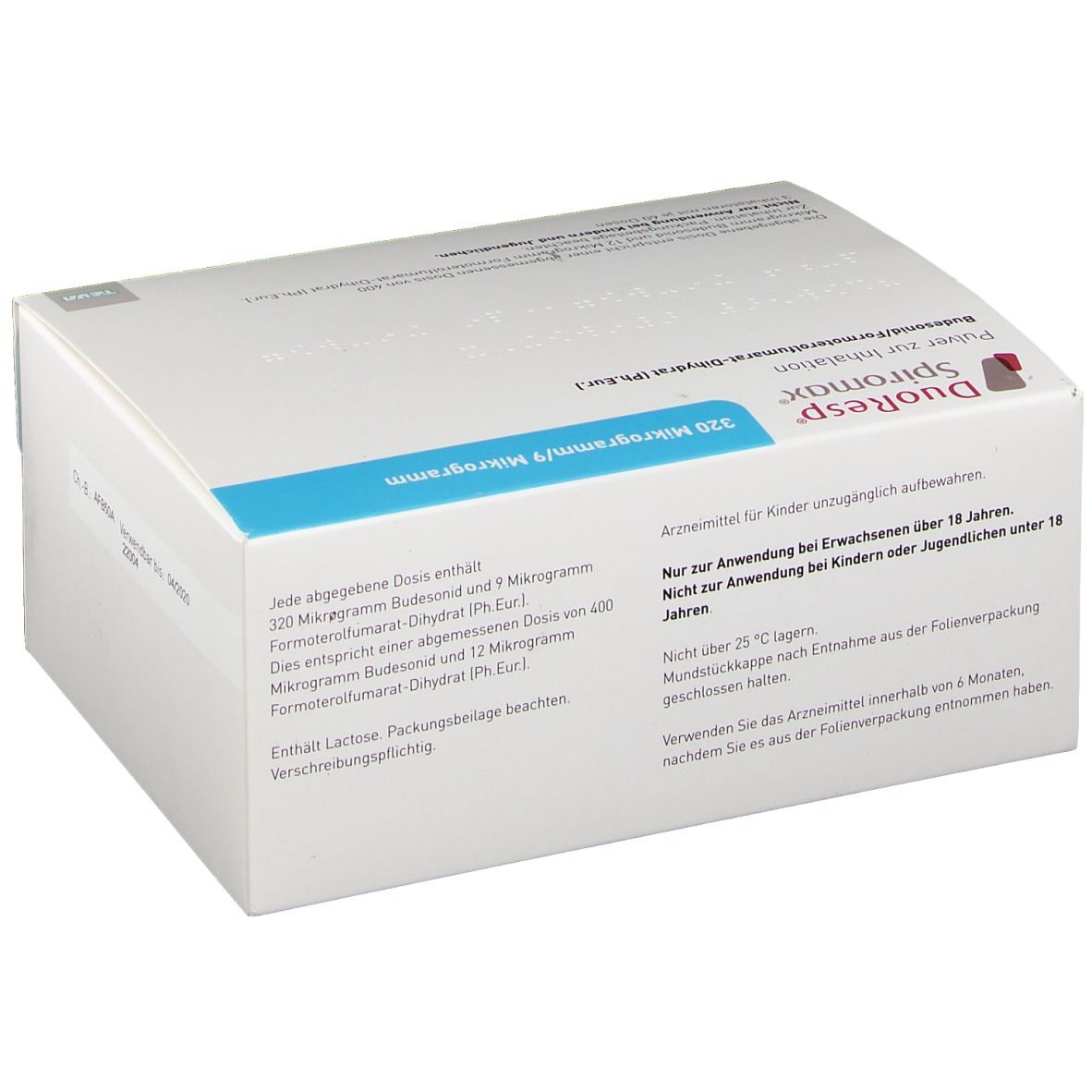 Karton DuoResp Spiromax, 320 Mikrogramm/9 Mikrogramm. Weiße Verpackung mit blauer Basis. Textinformationen und Dosierung.