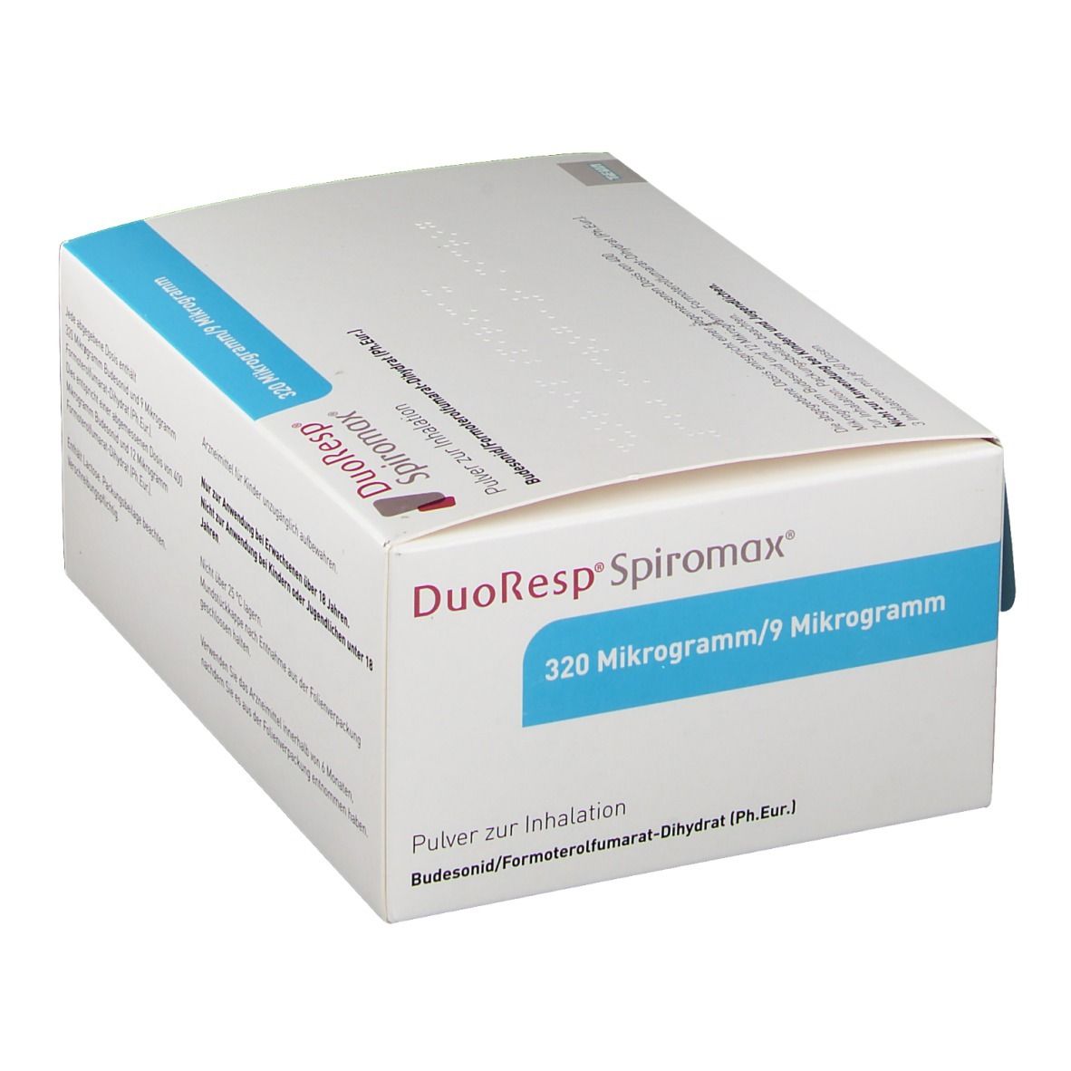 Karton DuoResp Spiromax, 320 Mikrogramm/9 Mikrogramm. Weiße Verpackung mit blauer Basis. Produktname und Dosierung.