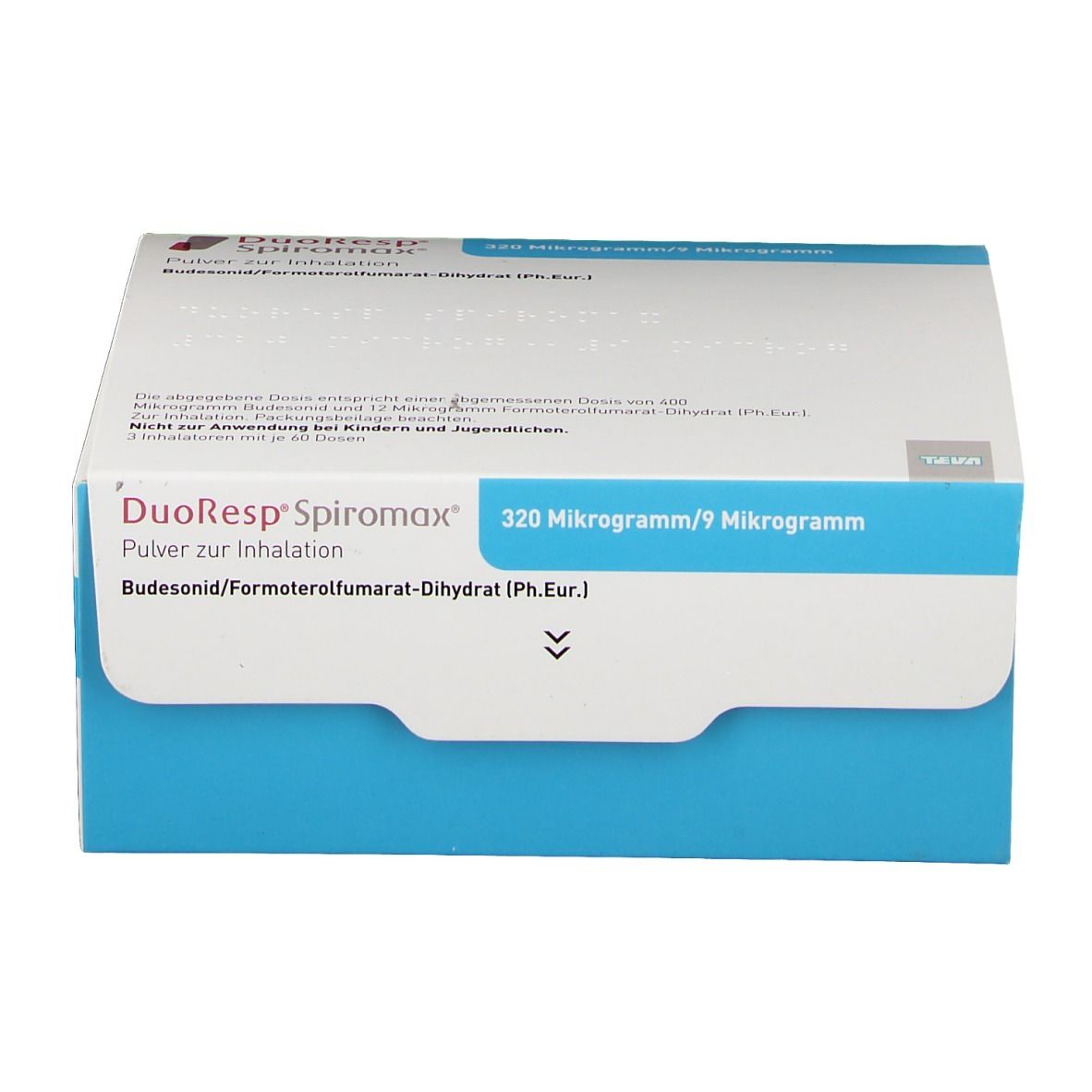 Karton DuoResp Spiromax, 320 Mikrogramm/9 Mikrogramm. Weiße Verpackung mit blauer Basis. Produktname und Dosierung.