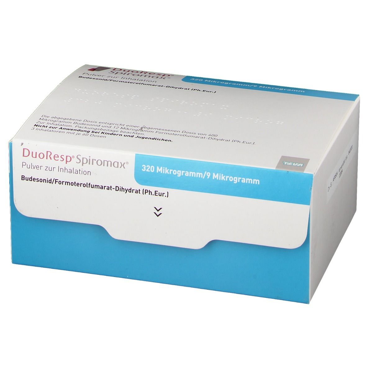 Karton DuoResp Spiromax, 320 Mikrogramm/9 Mikrogramm. Weiße Verpackung mit blauer Basis. Produktname und Dosierung.