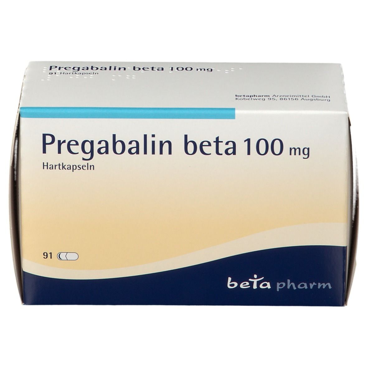 Schachtel Pregabalin beta 100 mg, 91 Hartkapseln. Weiße Schachtel mit blauem Streifen und Logo. Draufsicht.