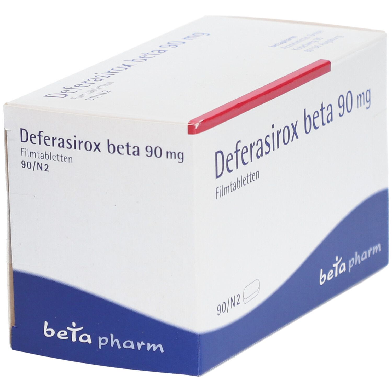 Schachtel "Deferasirox beta 90 mg Filmtabletten". Weiße Verpackung mit blauem Akzent. "beta pharm" Logo.