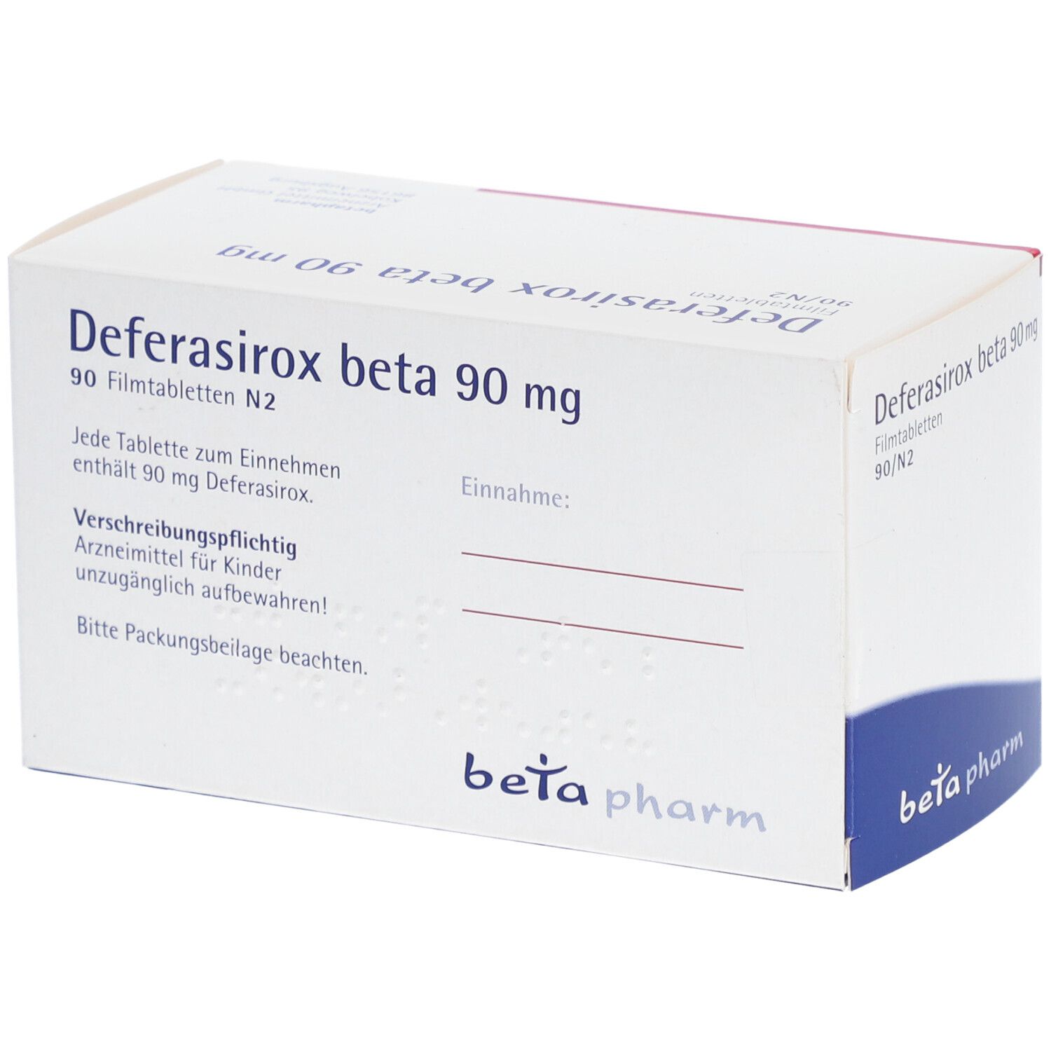 Rückseite der Schachtel "Deferasirox beta 90 mg Filmtabletten". Textinformationen und "beta pharm" Logo.