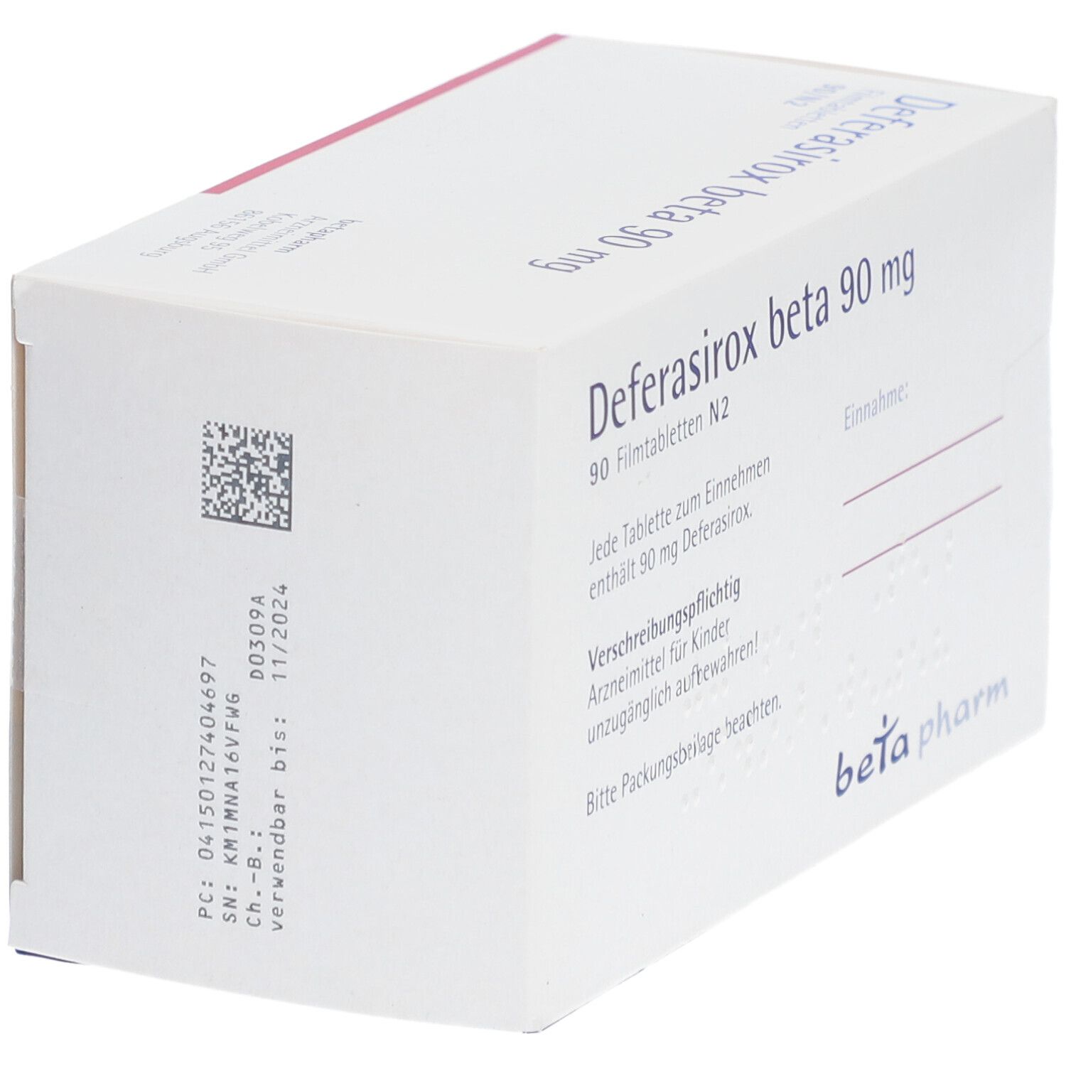 Rückseite der Schachtel "Deferasirox beta 90 mg Filmtabletten". QR-Code und Text. "beta pharm" Logo.