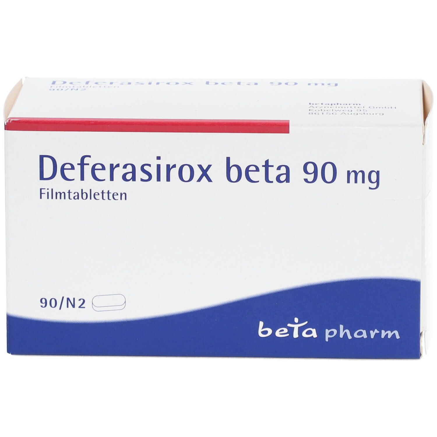 Schachtel "Deferasirox beta 90 mg Filmtabletten". Weiße Verpackung mit blauem Akzent. "beta pharm" Logo.