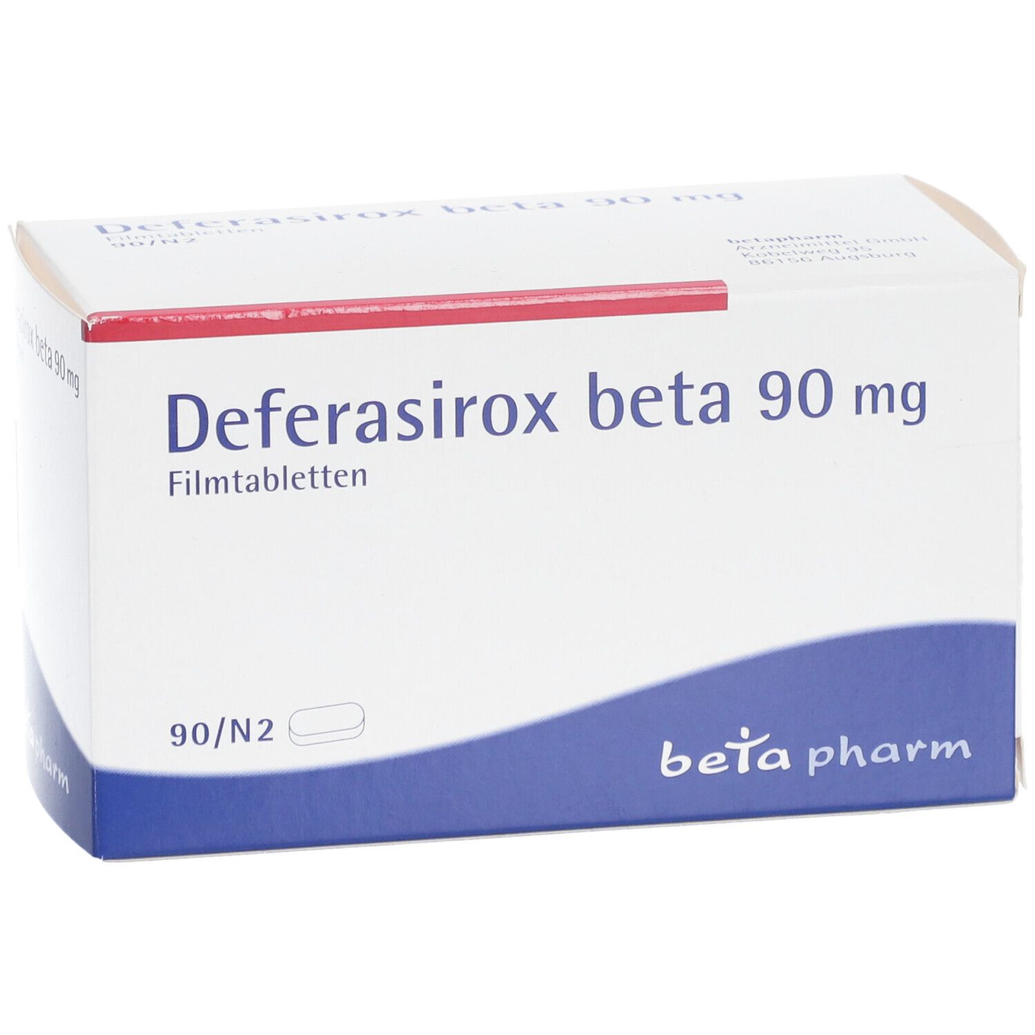 Schachtel "Deferasirox beta 90 mg Filmtabletten". Weiße Verpackung mit blauem Akzent. "beta pharm" Logo.
