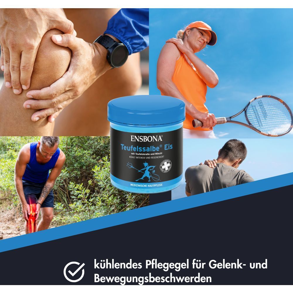 ENSBONA Teufelssalbe Eis Dose, umgeben von Bildern von Gelenk- und Bewegungsschmerzen bei Sportlern.