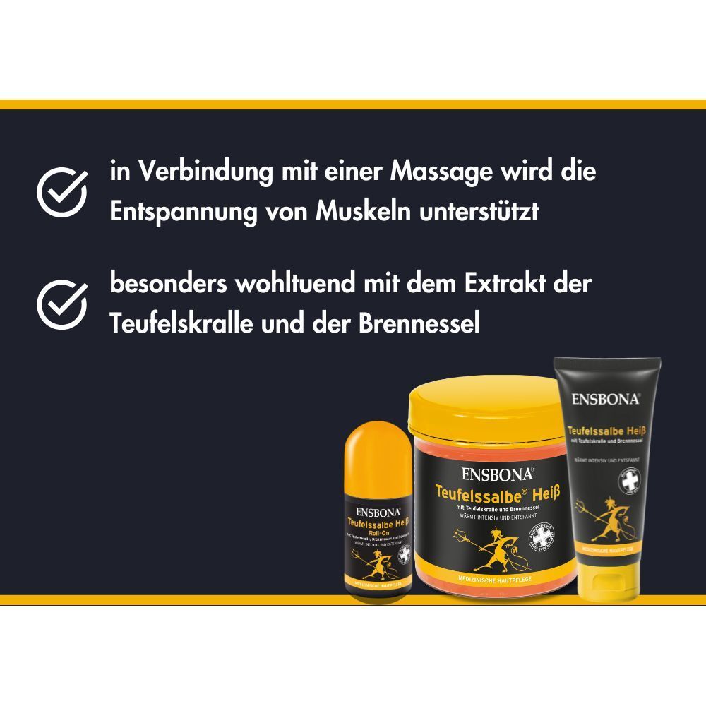 Ensbona Teufelssalbe Heiß Produkte: Roll-on, Tiegel und Tube. Mit Teufelskralle und Brennnessel.