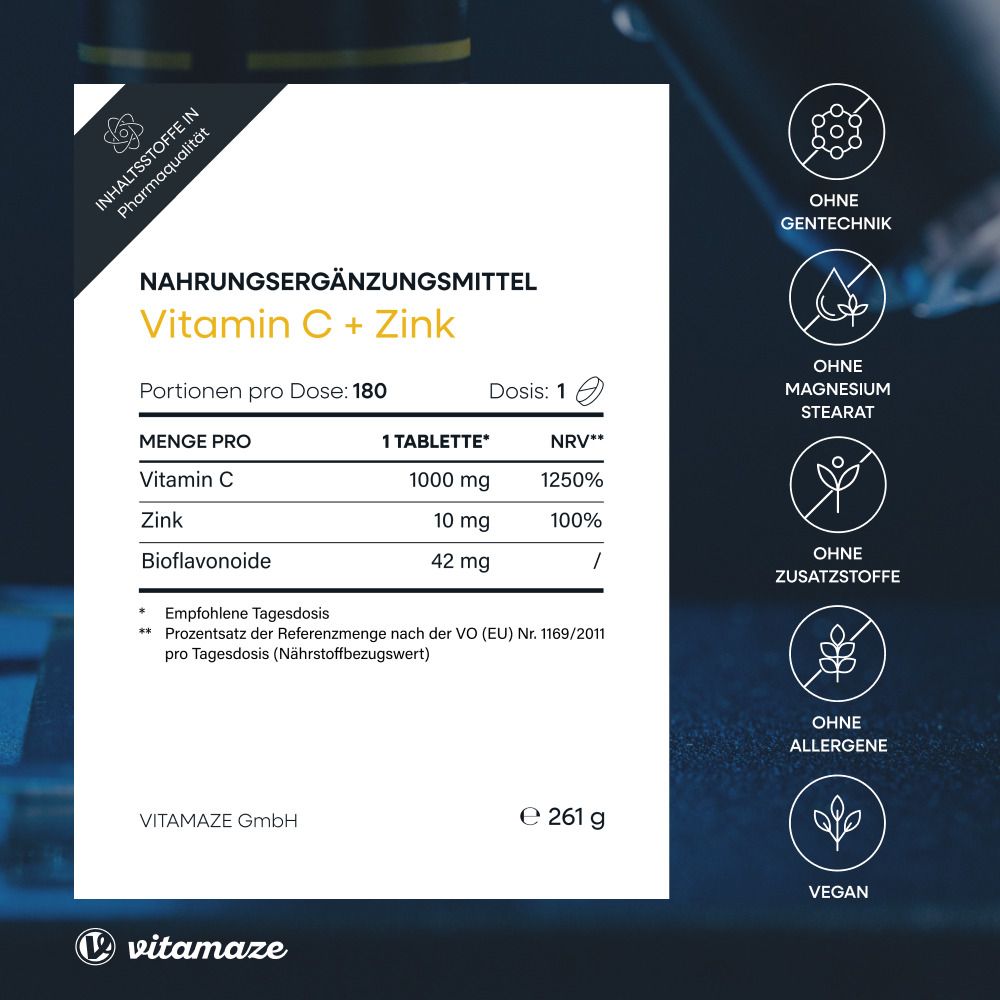 Nahrungsergänzungsmittel Vitamin C + Zink. Nährwerttabelle mit Vitamin C, Zink und Bioflavonoiden. Vegan.