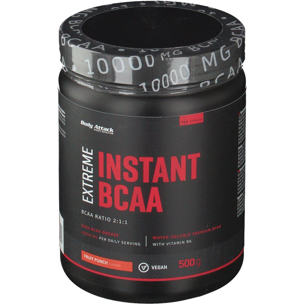 Schwarze Dose mit roter Aufschrift. "Extreme Instant BCAA" und "Fruit Punch" sind sichtbar. Deckel mit "10000 MG BCAA" Aufdruck.