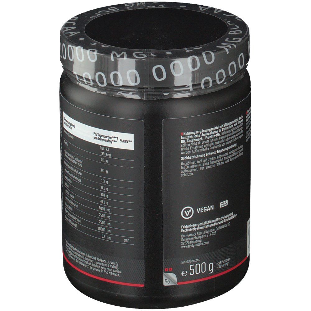 Schwarze Dose, Seitenansicht. Text mit Nährwertangaben und Inhaltsstoffen. Deckel mit "10000 MG BCAA" Aufdruck. Vegan-Siegel.