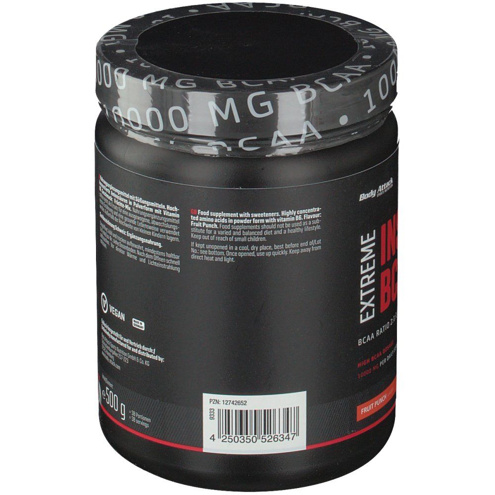 Schwarze Dose, Seitenansicht. Text mit Nährwertangaben und Inhaltsstoffen. Deckel mit "10000 MG BCAA" Aufdruck. Vegan-Siegel.