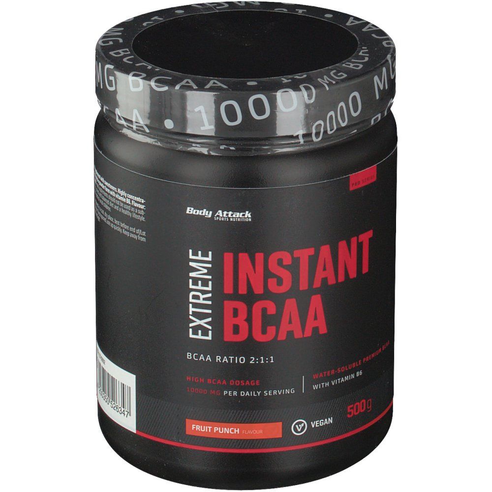 Schwarze Dose mit roter Aufschrift. "Extreme Instant BCAA" und "Fruit Punch" sind sichtbar. Deckel mit "10000 MG BCAA" Aufdruck.