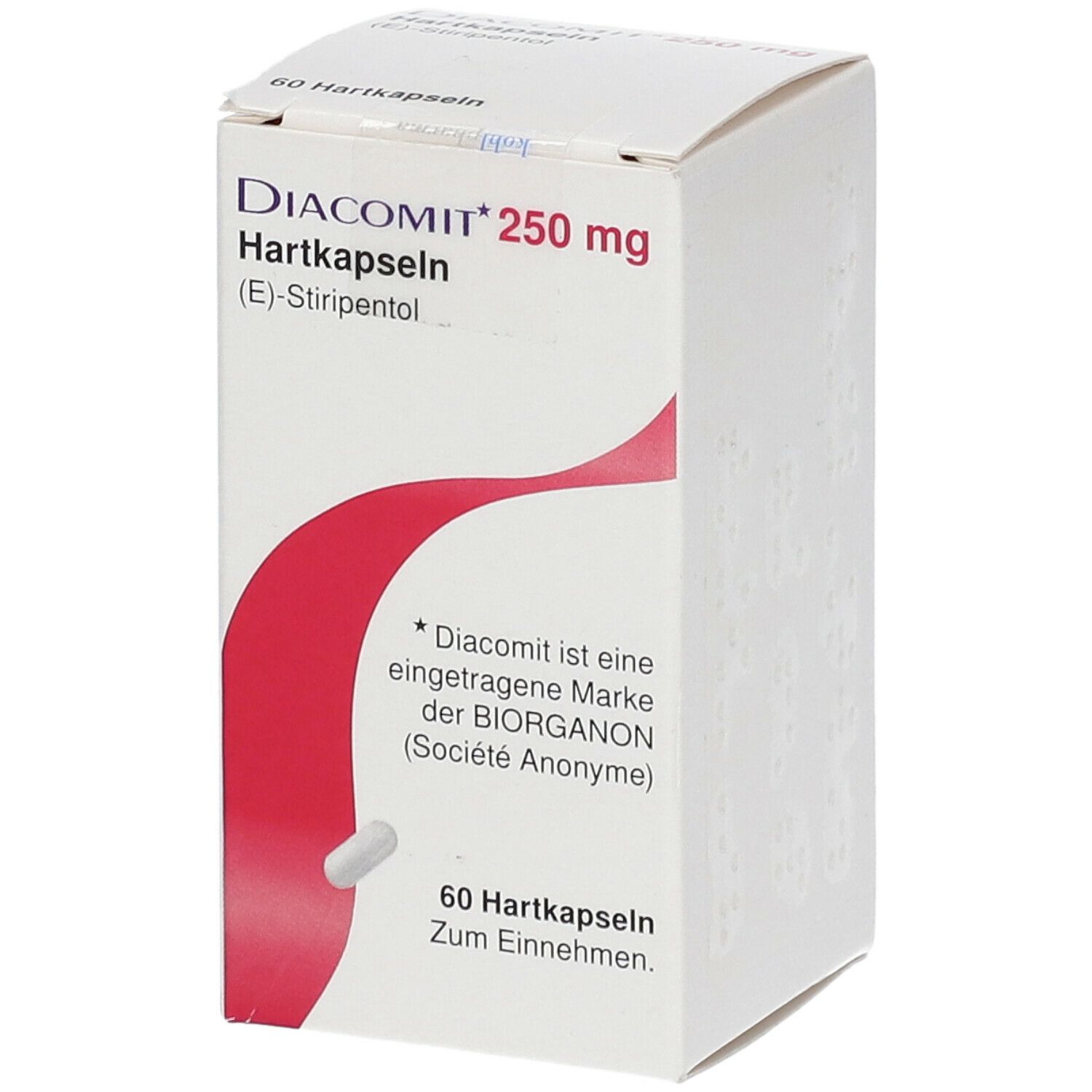 Weiße Schachtel mit rotem Design und Text. Beschriftung: Diacomit 250 mg Hartkapseln. Eine Kapsel liegt daneben.