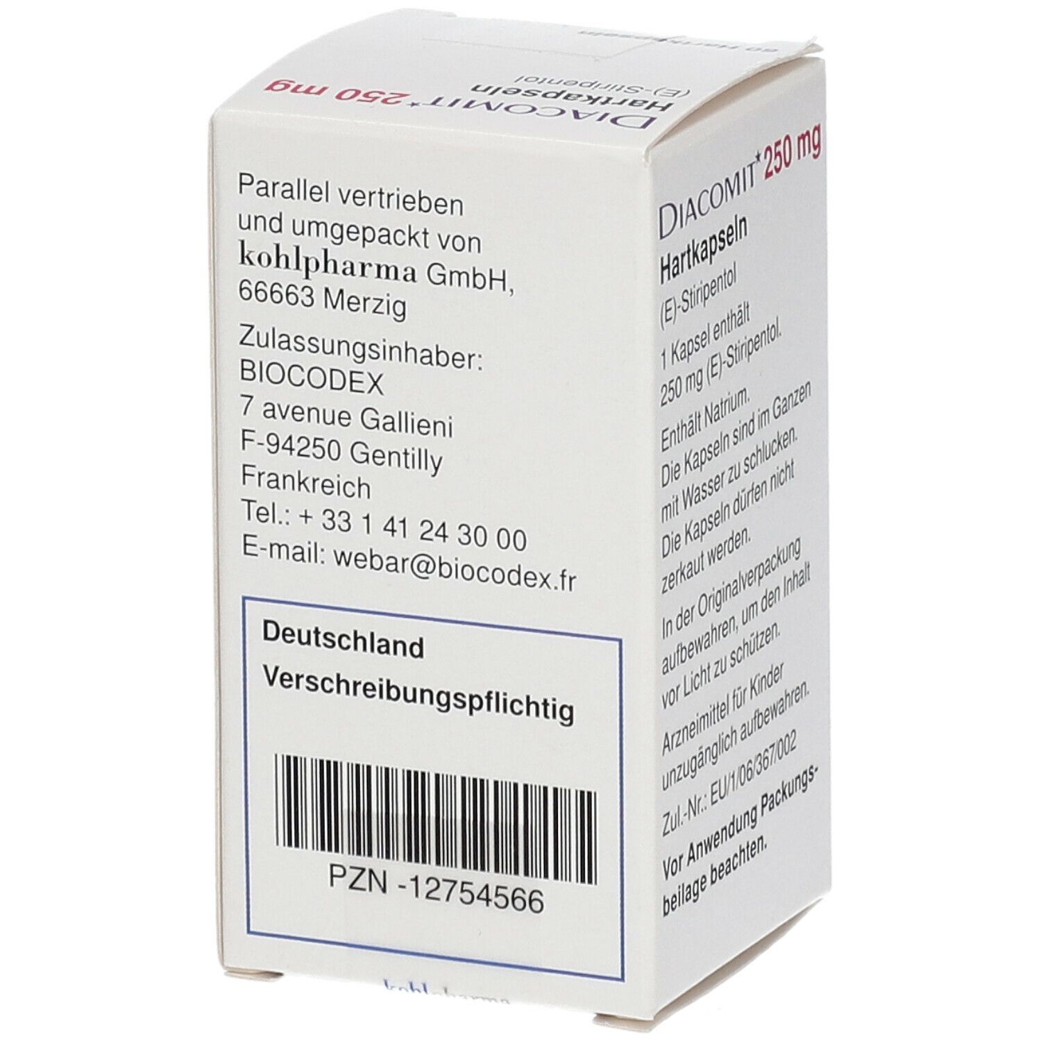 Weiße Schachtel mit Text und Barcode. Beschriftung: Diacomit 250 mg. Enthält Informationen zum Hersteller und zur Zulassung.