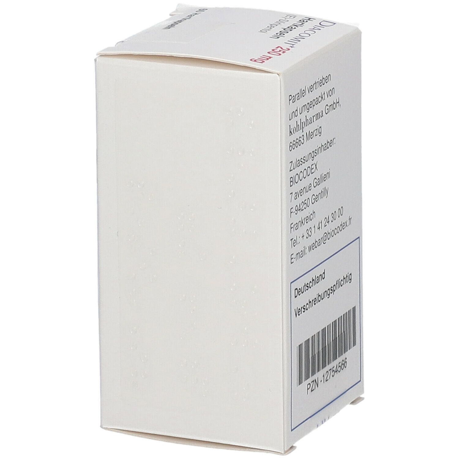 Weiße Schachtel mit Text und Barcode. Beschriftung: Diacomit 250 mg. Rückseite der Verpackung.