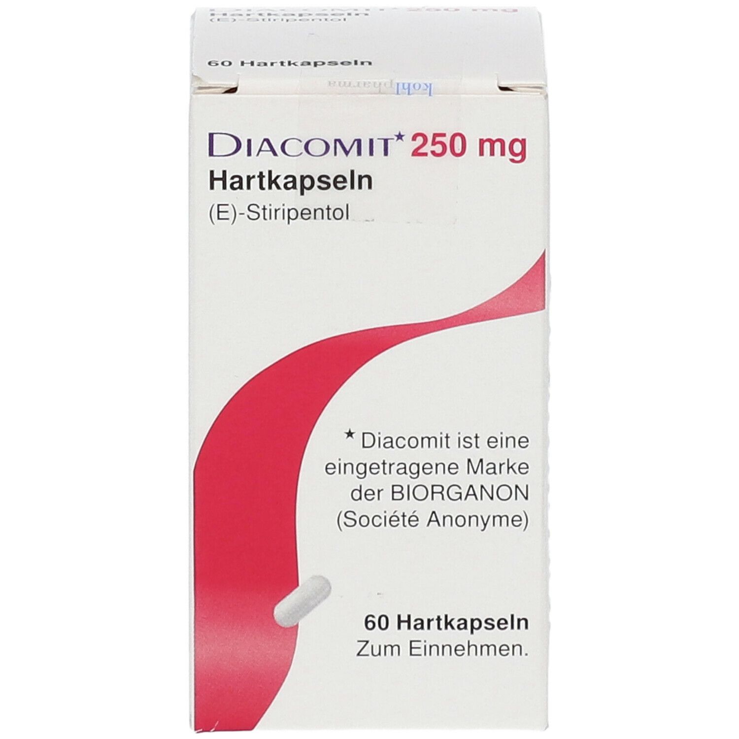 Weiße Schachtel mit rotem Design und Text. Beschriftung: Diacomit 250 mg Hartkapseln. Eine Kapsel liegt daneben.