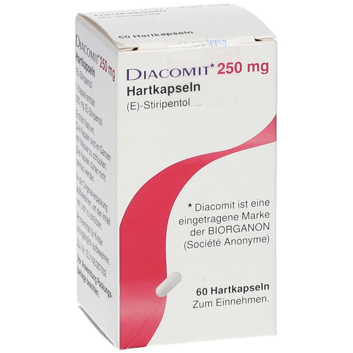 Weiße Schachtel mit rotem Design und Text. Beschriftung: Diacomit 250 mg Hartkapseln. Eine Kapsel liegt daneben.