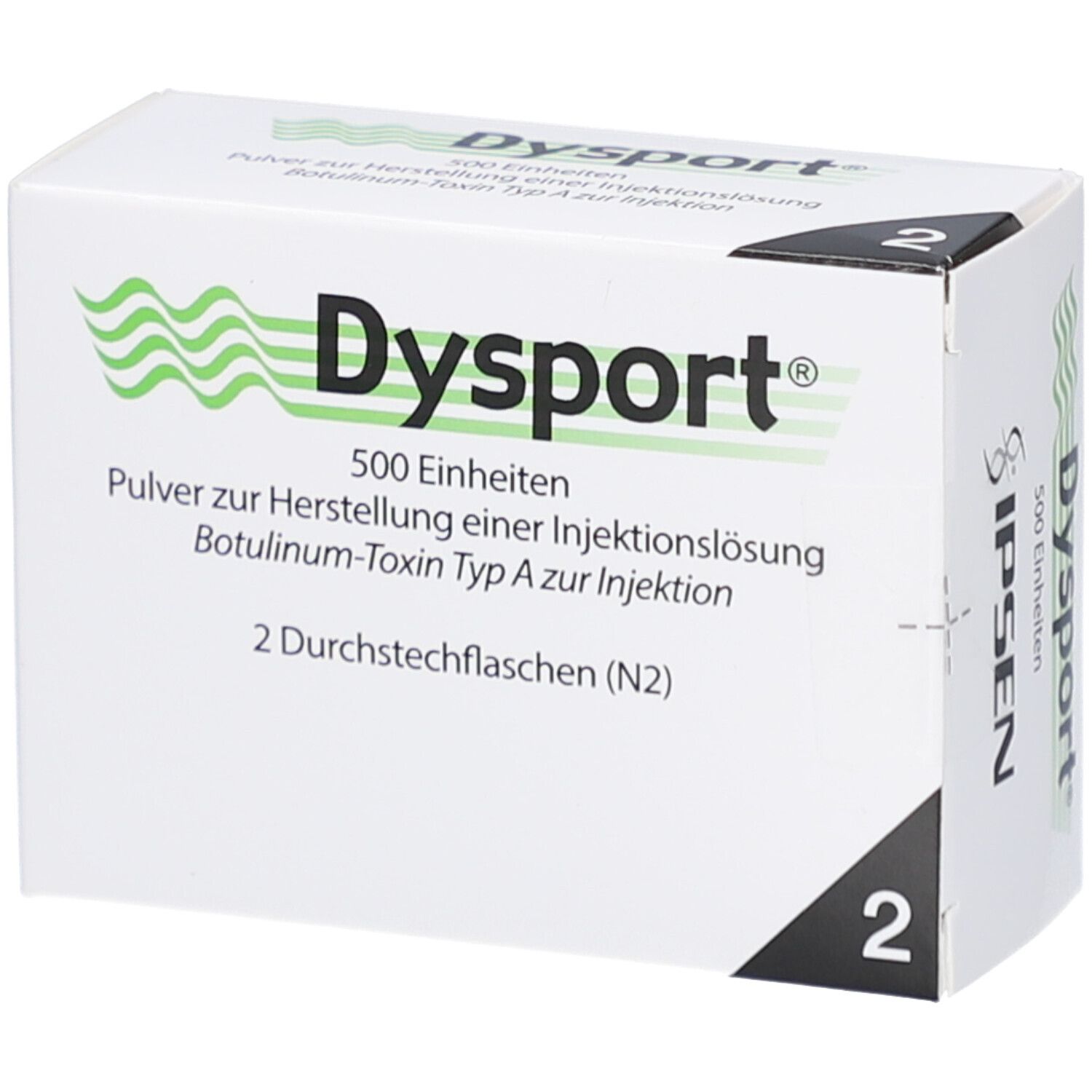Weiße Faltschachtel mit DYSPORT-Logo und Produktinformationen. Enthält 2 Durchstechflaschen. Grün-weiße Wellenmuster.