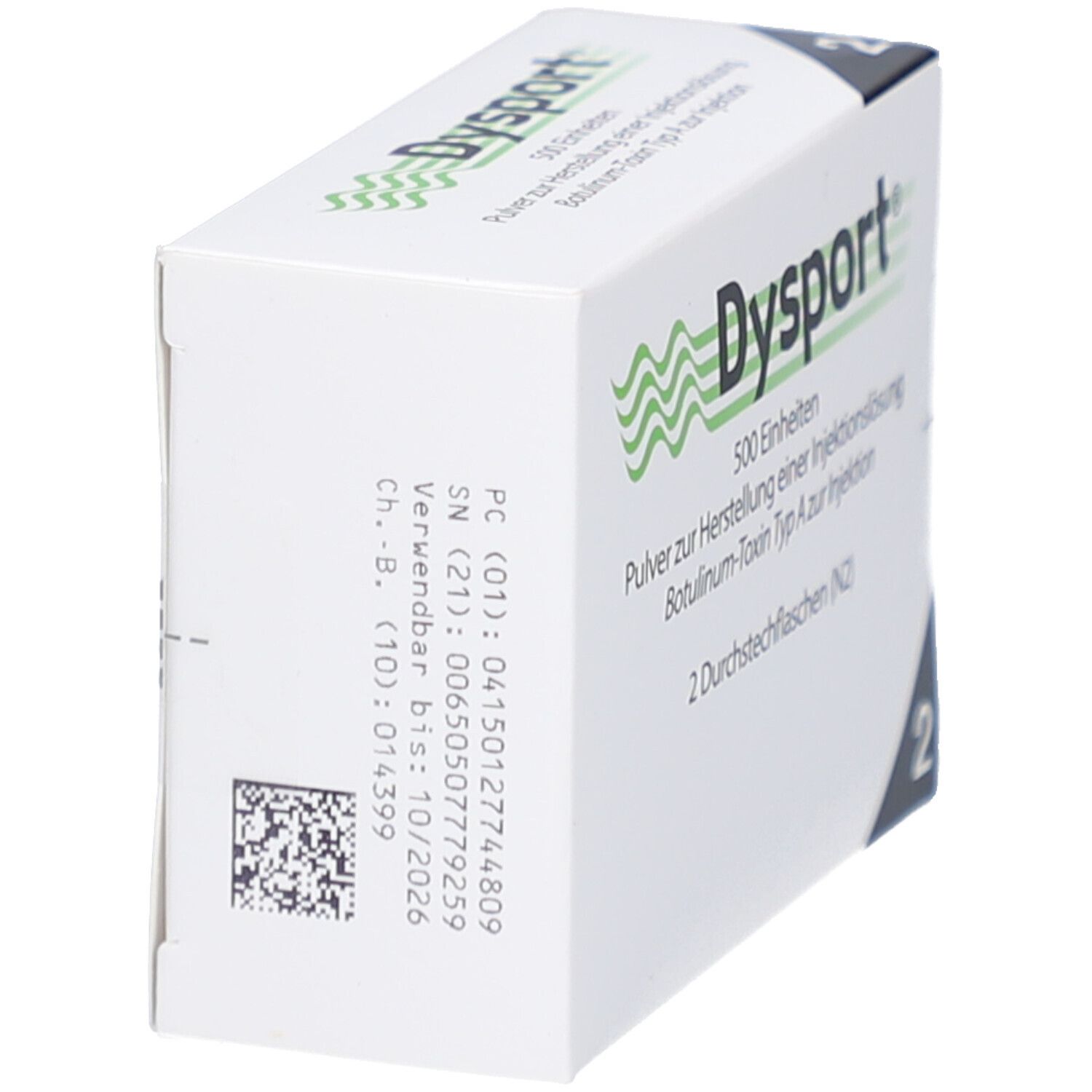 Weiße Faltschachtel, Seitenansicht. Enthält Informationen wie Chargennummer und Verfallsdatum. Barcode vorhanden.