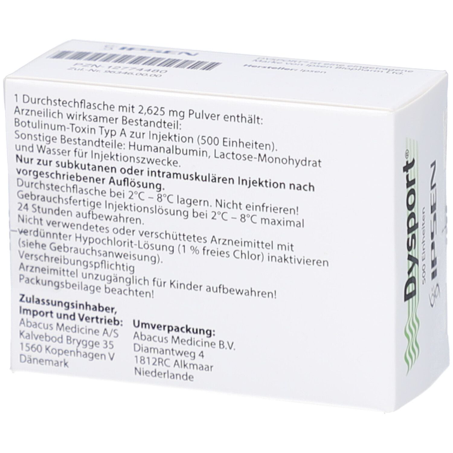 Weiße Faltschachtel mit Text. Enthält Informationen über Inhaltsstoffe, Lagerung und Hersteller. Text in Deutsch.