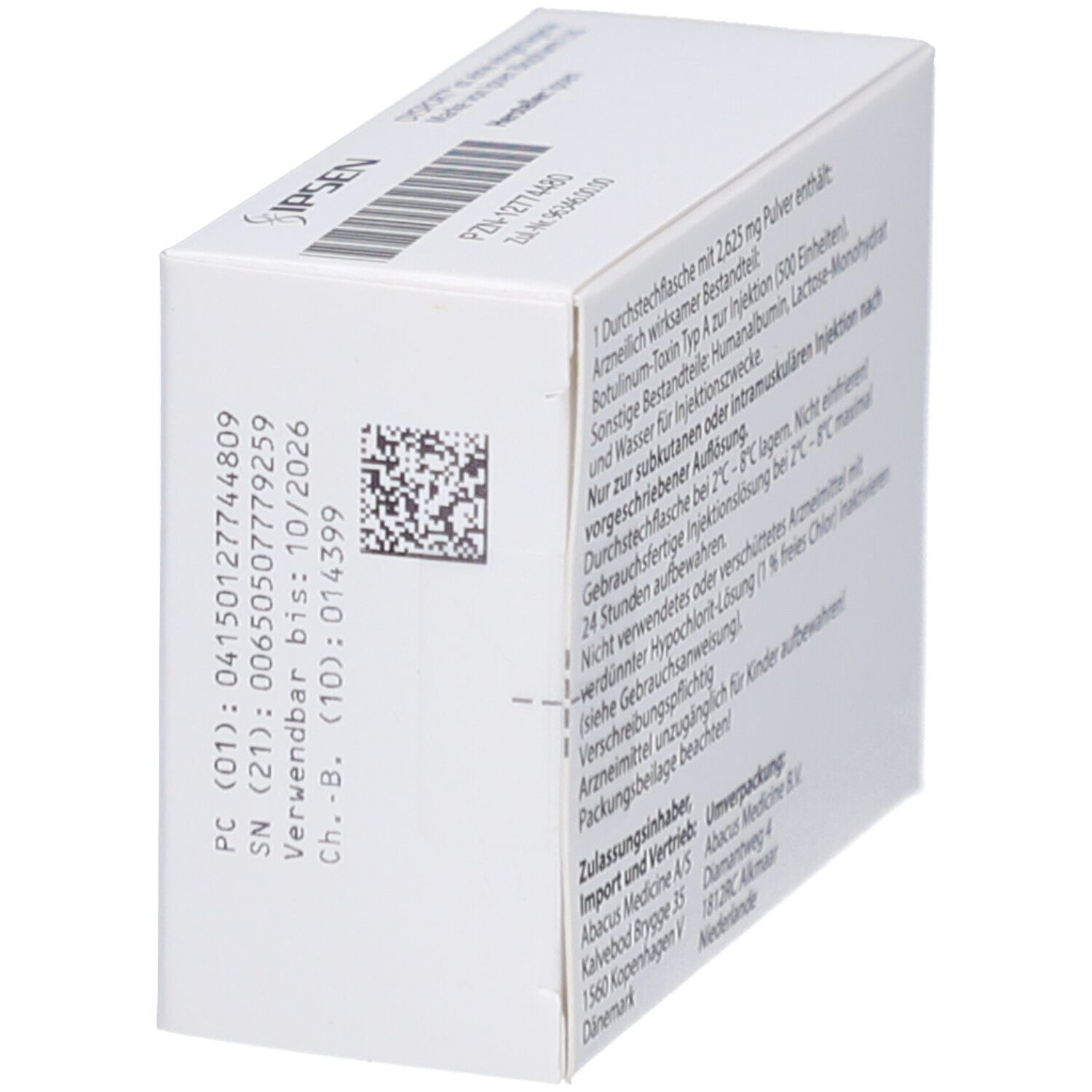 Weiße Faltschachtel, Seitenansicht mit Text und Barcode. Informationen über Hersteller und Verfallsdatum.