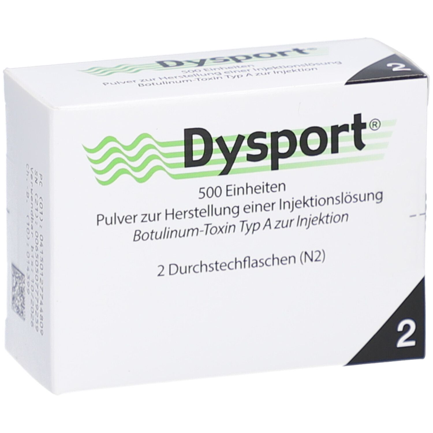 Weiße Faltschachtel mit DYSPORT-Logo und Produktinformationen. Enthält 2 Durchstechflaschen. Grün-weiße Wellenmuster.